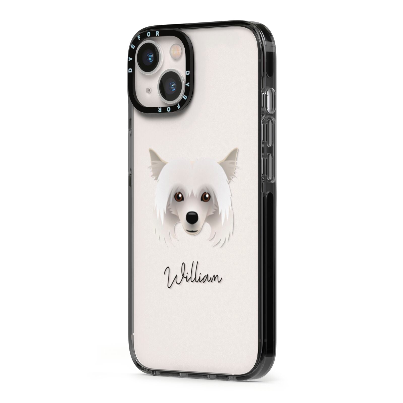 Powderpuff Chinese Crested Personalised iPhone 13 Black Impact Case Side Angle on Silver phone