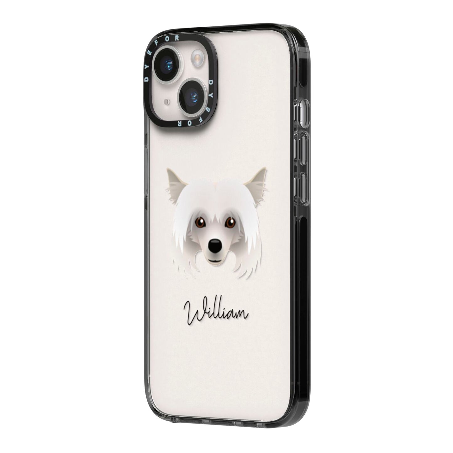 Powderpuff Chinese Crested Personalised iPhone 14 Black Impact Case Side Angle on Silver phone