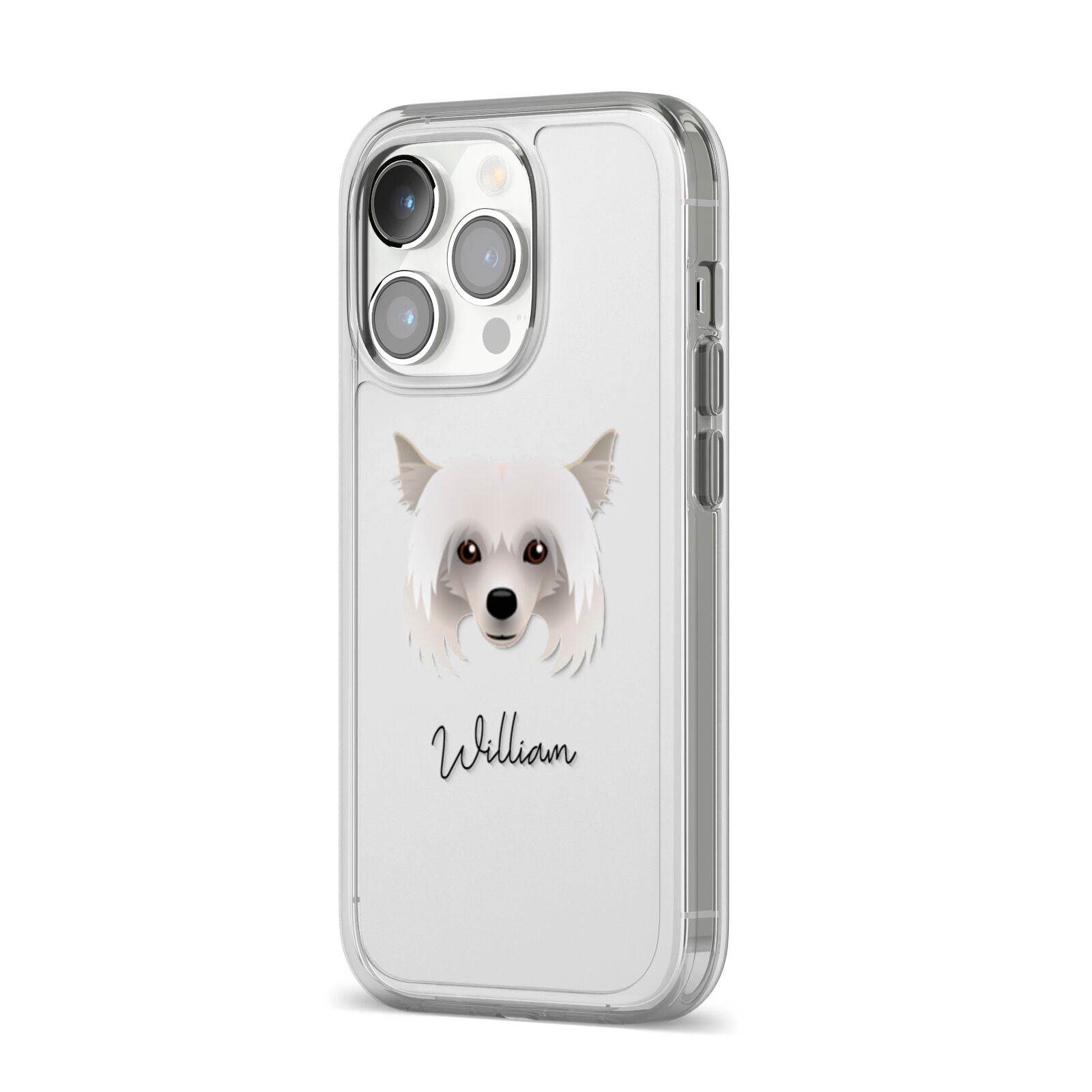 Powderpuff Chinese Crested Personalised iPhone 14 Pro Clear Tough Case Silver Angled Image