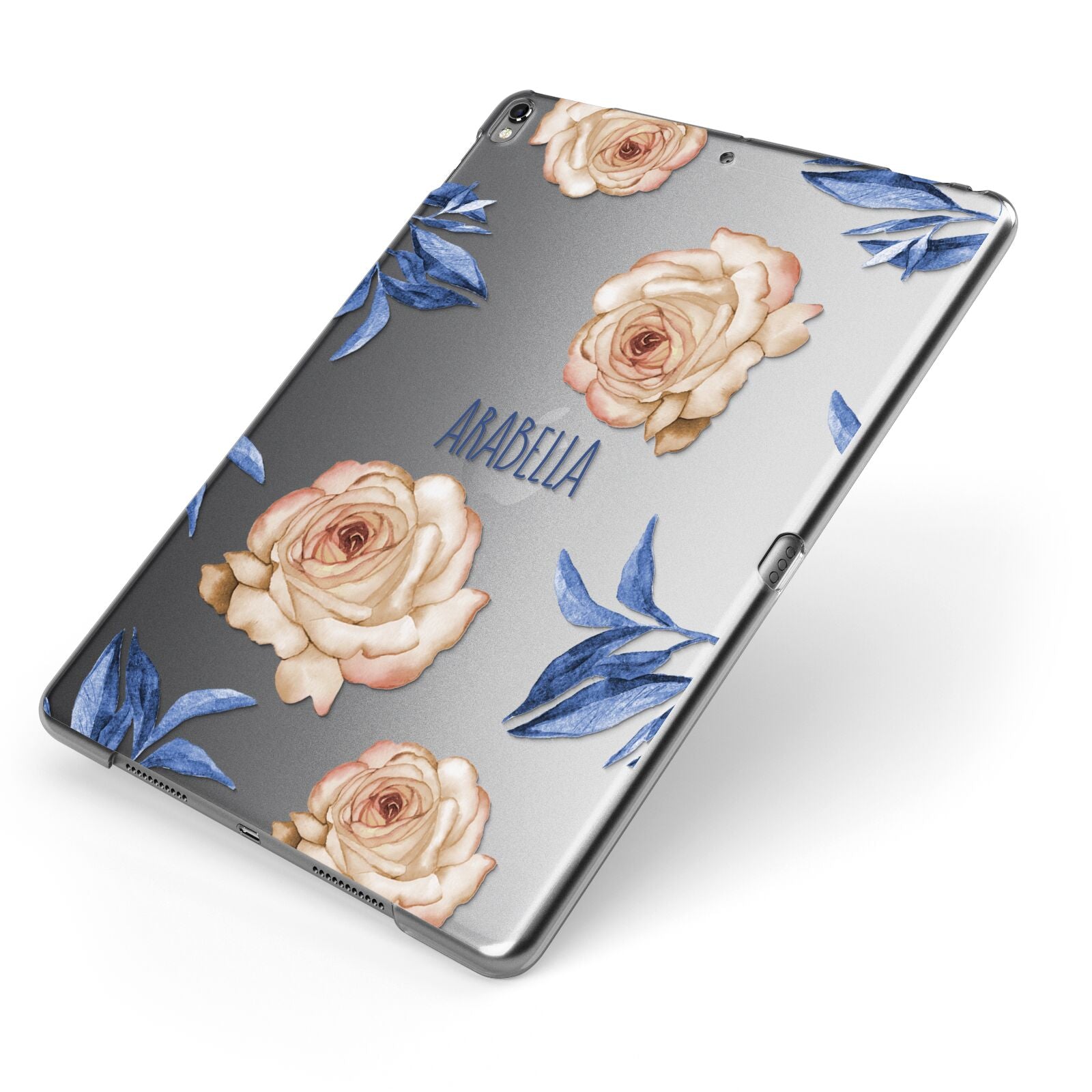 Pretty Floral Custom Apple iPad Case on Grey iPad Side View