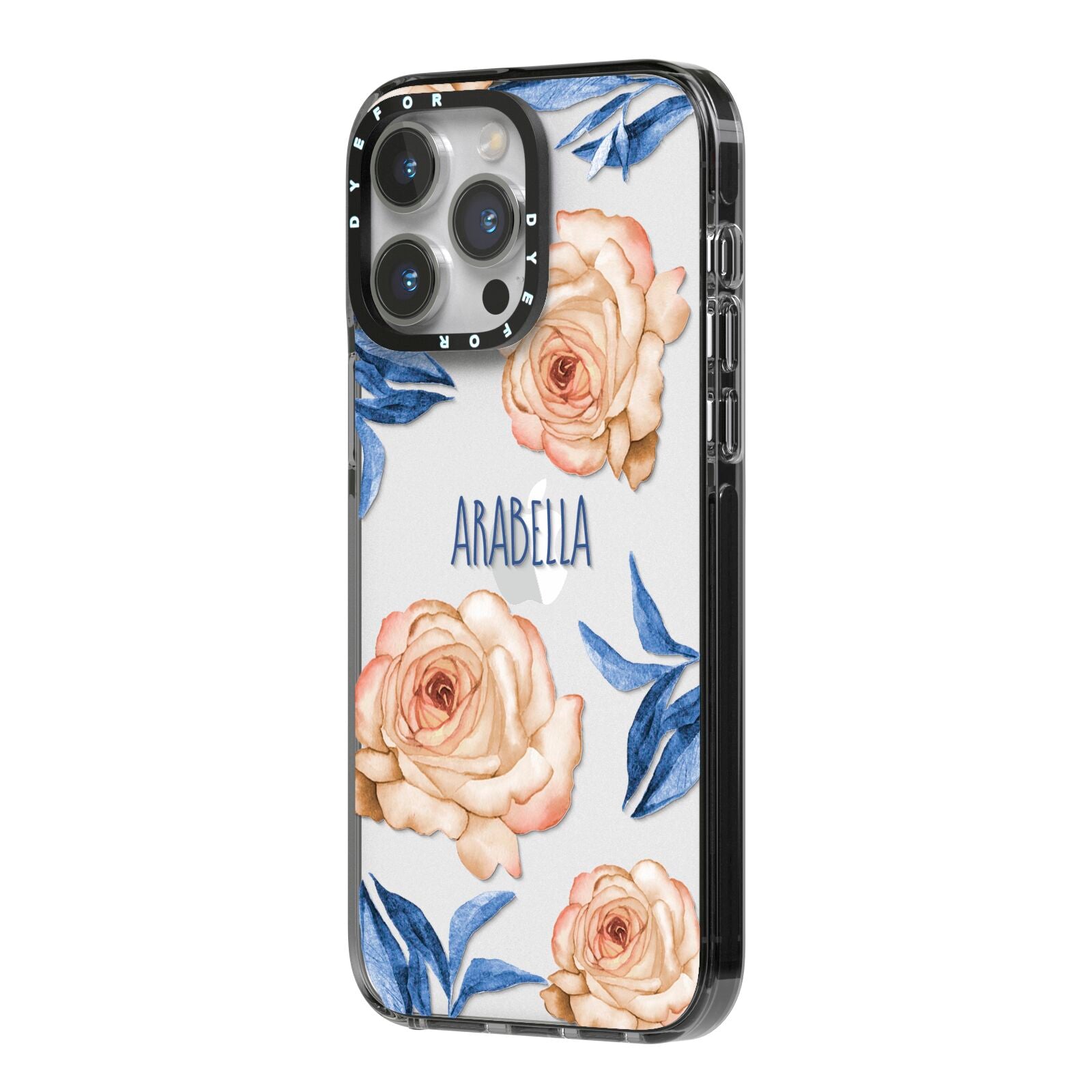 Pretty Floral Custom iPhone 14 Pro Max Black Impact Case Side Angle on Silver phone