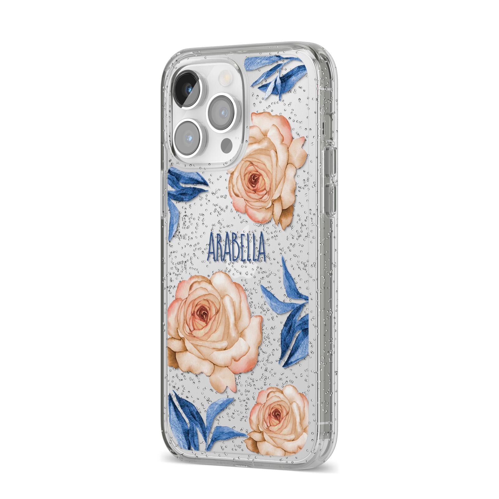Pretty Floral Custom iPhone 14 Pro Max Glitter Tough Case Silver Angled Image