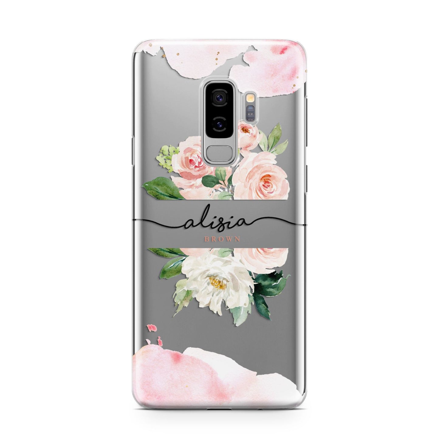 Pretty Roses Personalised Name Samsung Galaxy S9 Plus Case on Silver phone