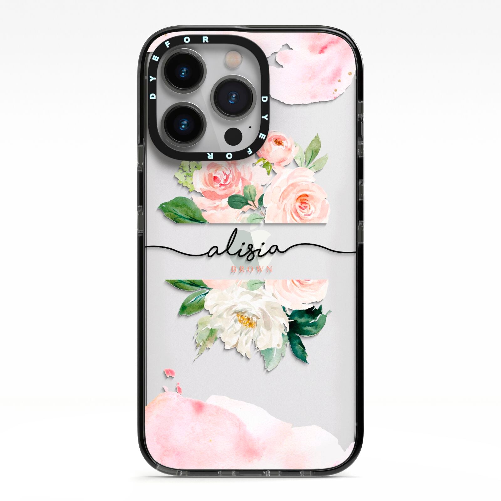 Pretty Roses Personalised Name iPhone 13 Pro Black Impact Case on Silver phone