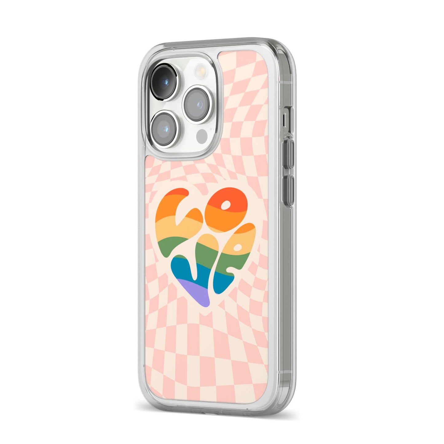 Pride iPhone 14 Pro Clear Tough Case Silver Angled Image