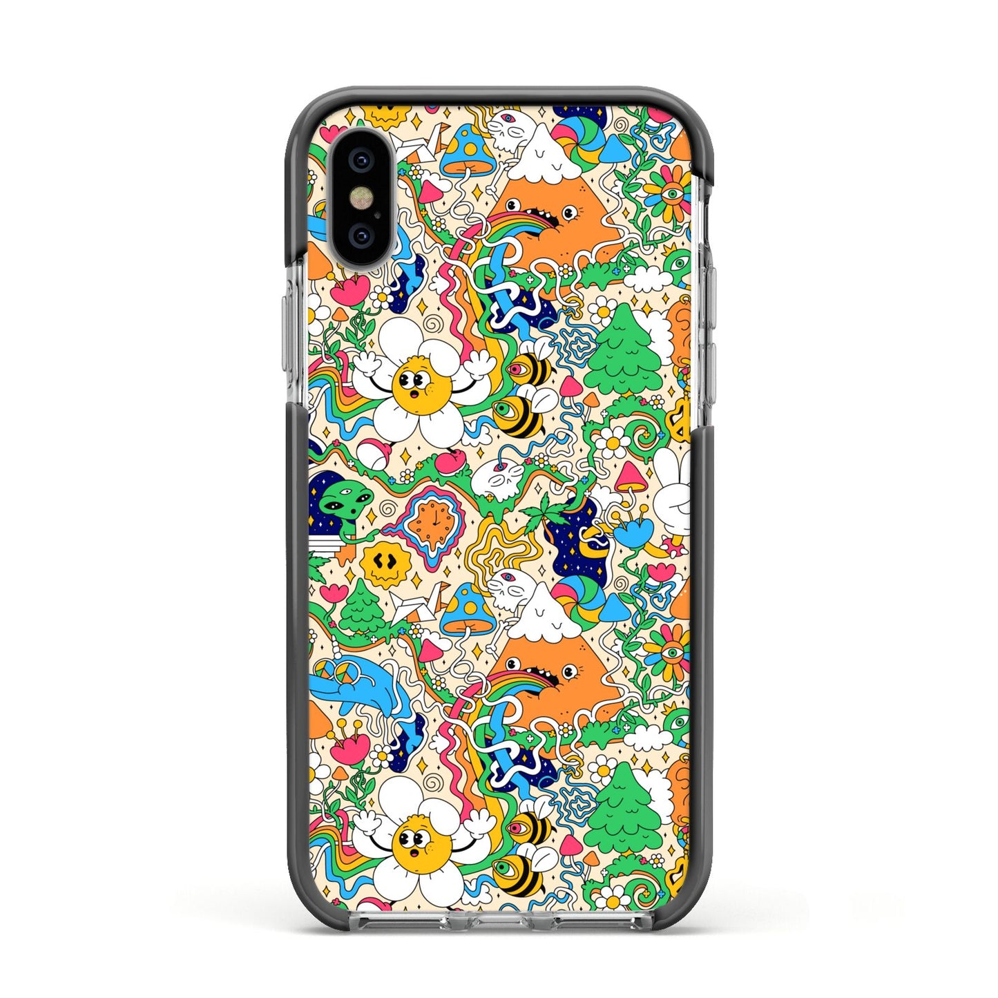 Psychedelic Trippy Apple iPhone Xs Impact Case Black Edge on Silver Phone