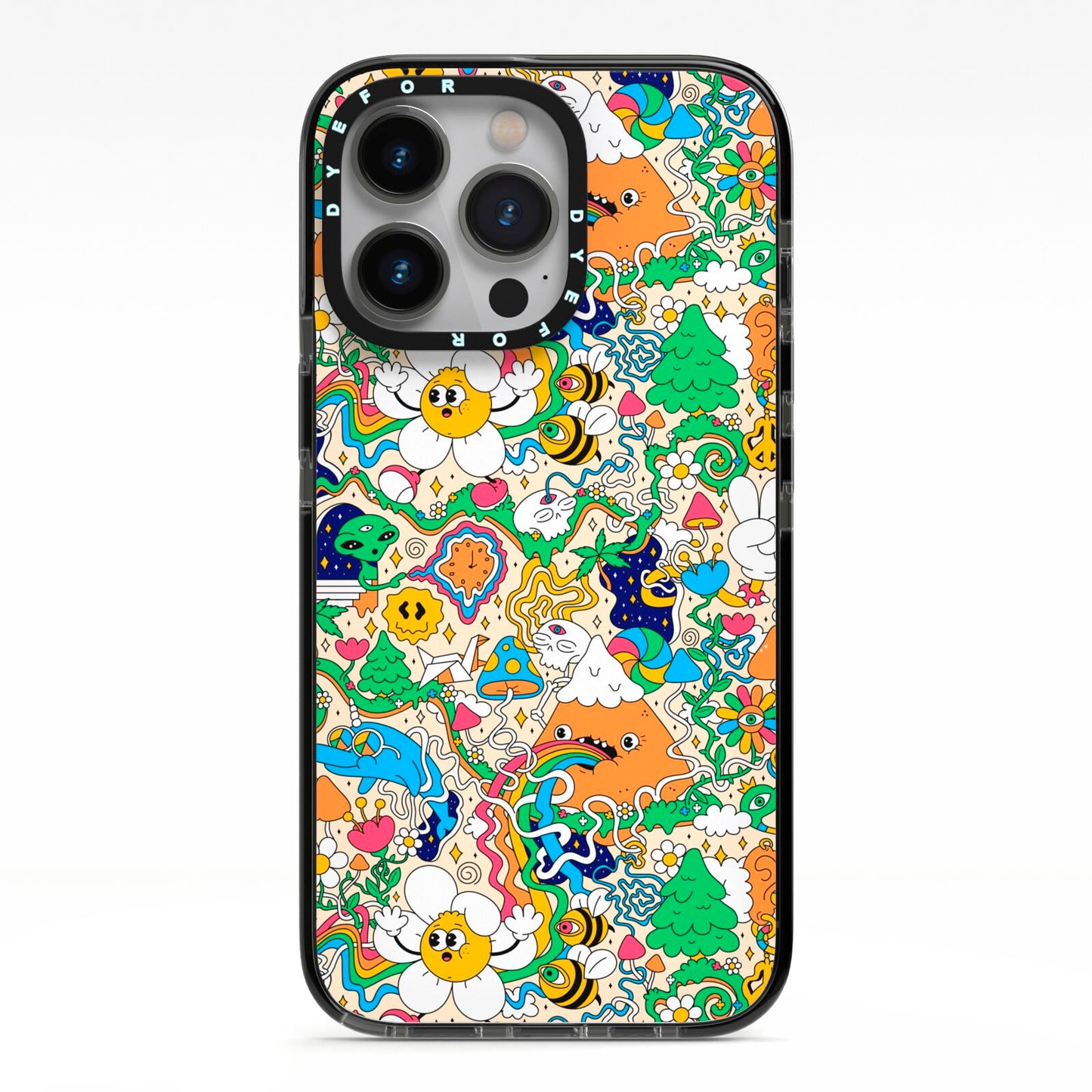 Psychedelic Trippy iPhone 13 Pro Black Impact Case on Silver phone