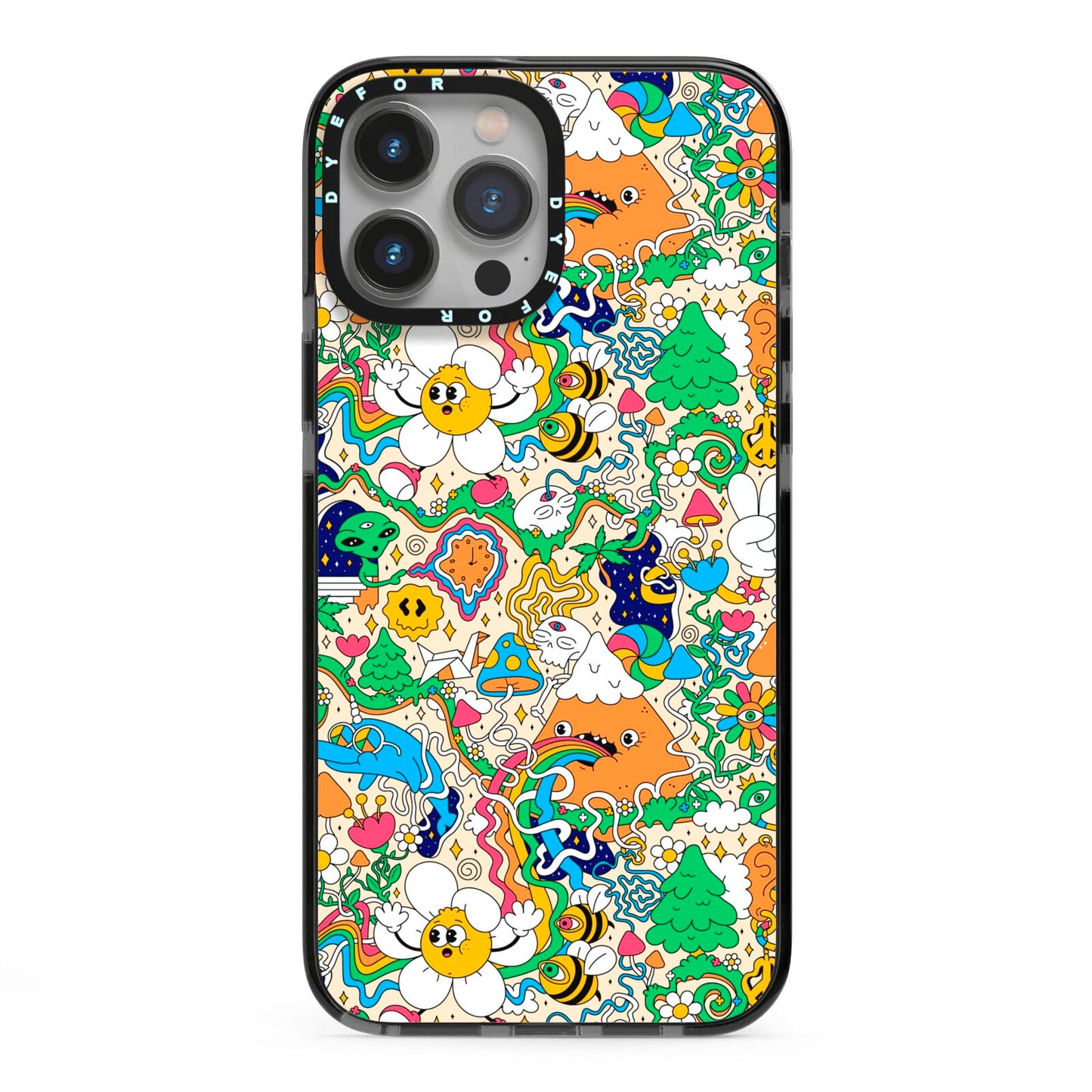 Psychedelic Trippy iPhone 13 Pro Max Black Impact Case on Silver phone