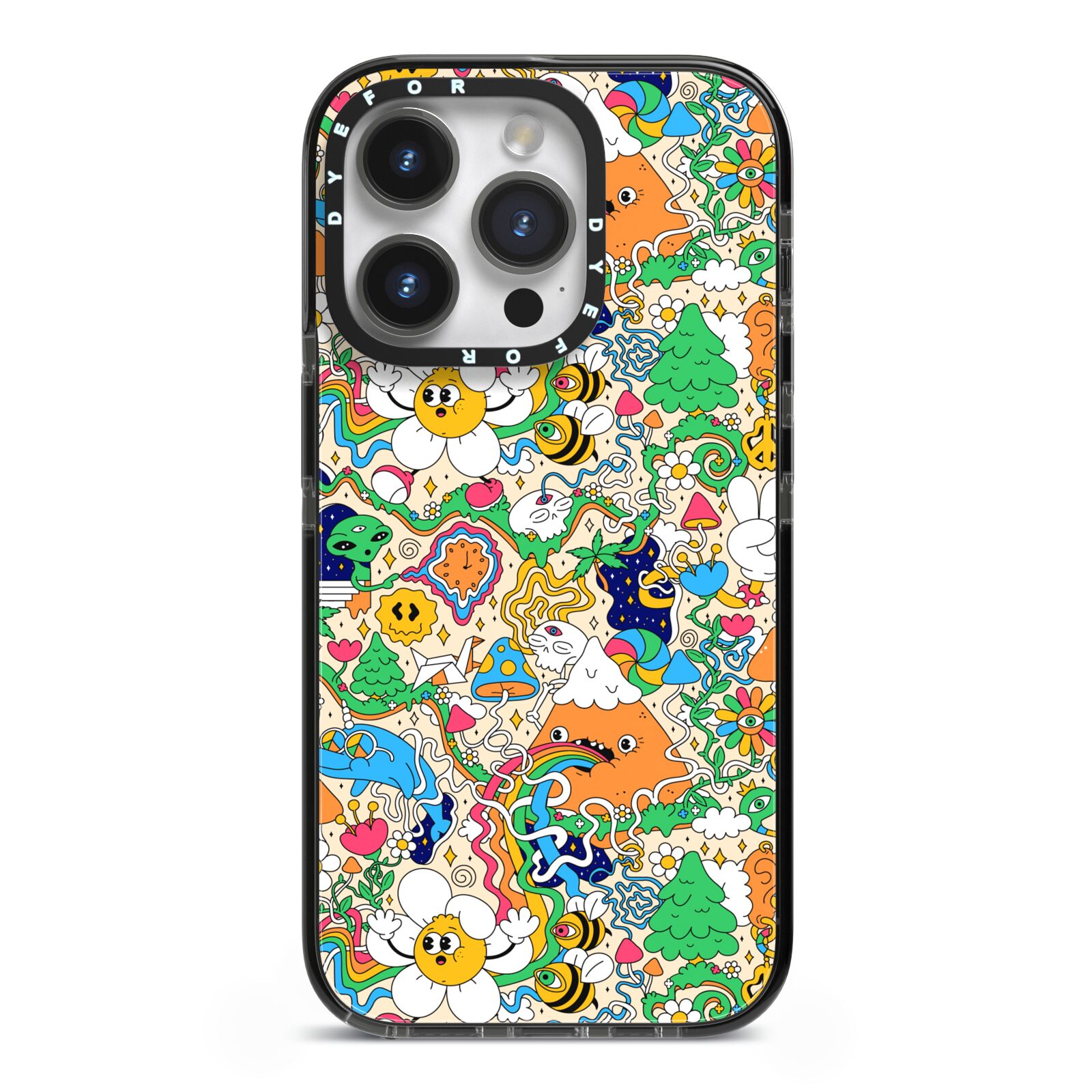 Psychedelic Trippy iPhone 14 Pro Black Impact Case on Silver phone