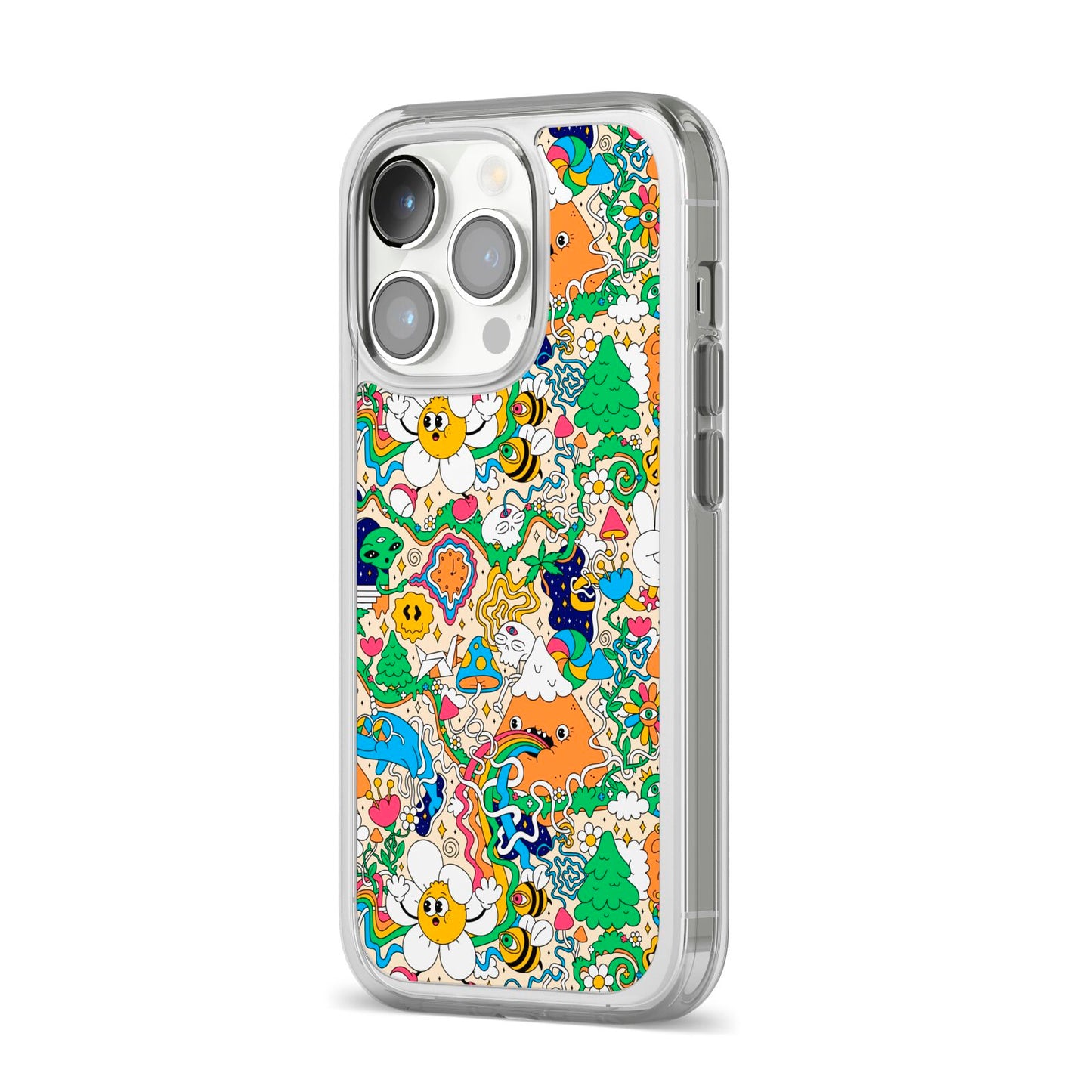 Psychedelic Trippy iPhone 14 Pro Clear Tough Case Silver Angled Image