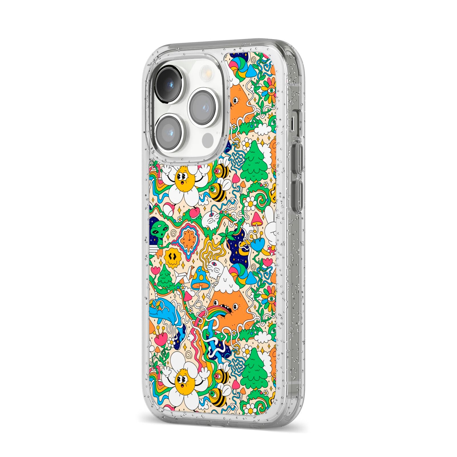 Psychedelic Trippy iPhone 14 Pro Glitter Tough Case Silver Angled Image