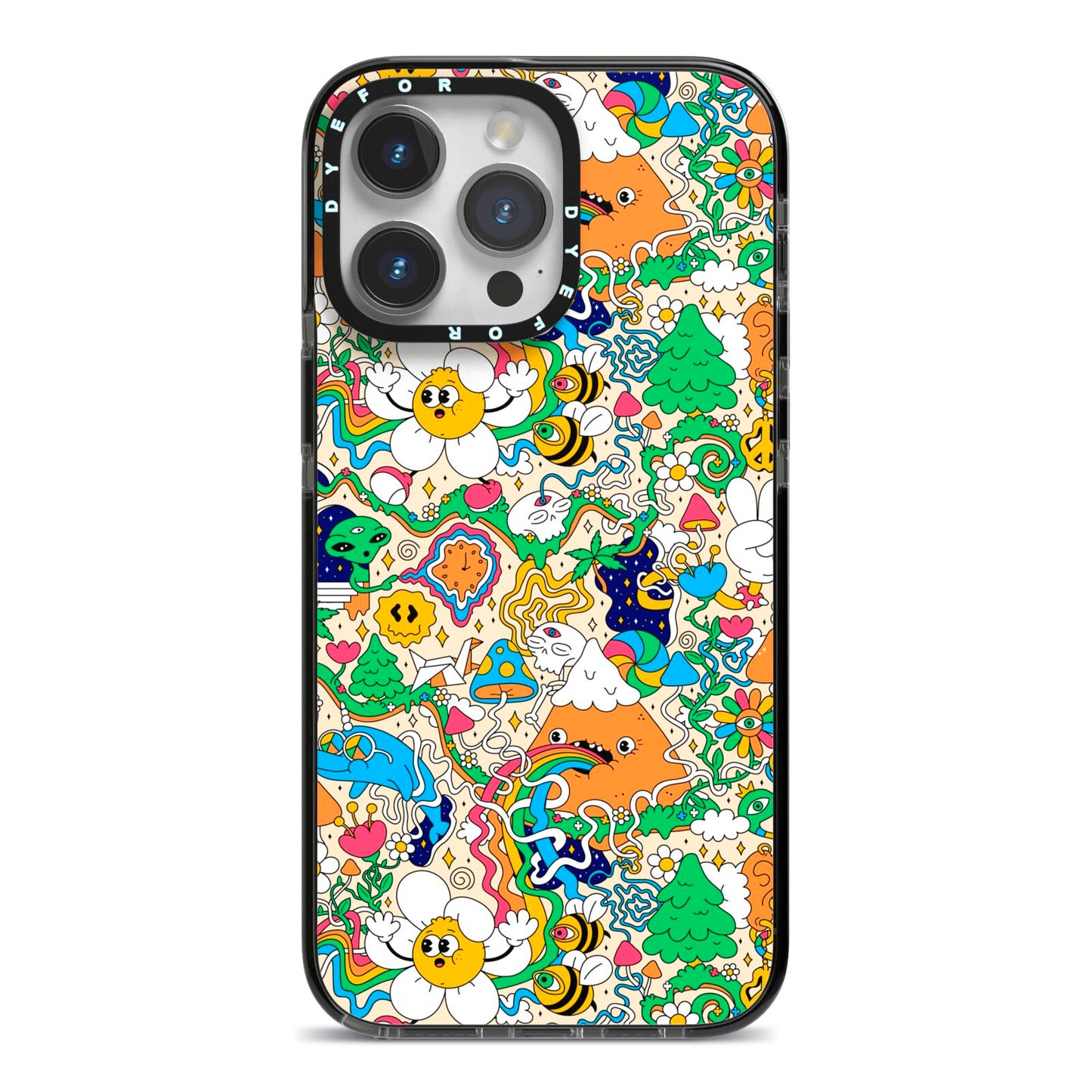 Psychedelic Trippy iPhone 14 Pro Max Black Impact Case on Silver phone