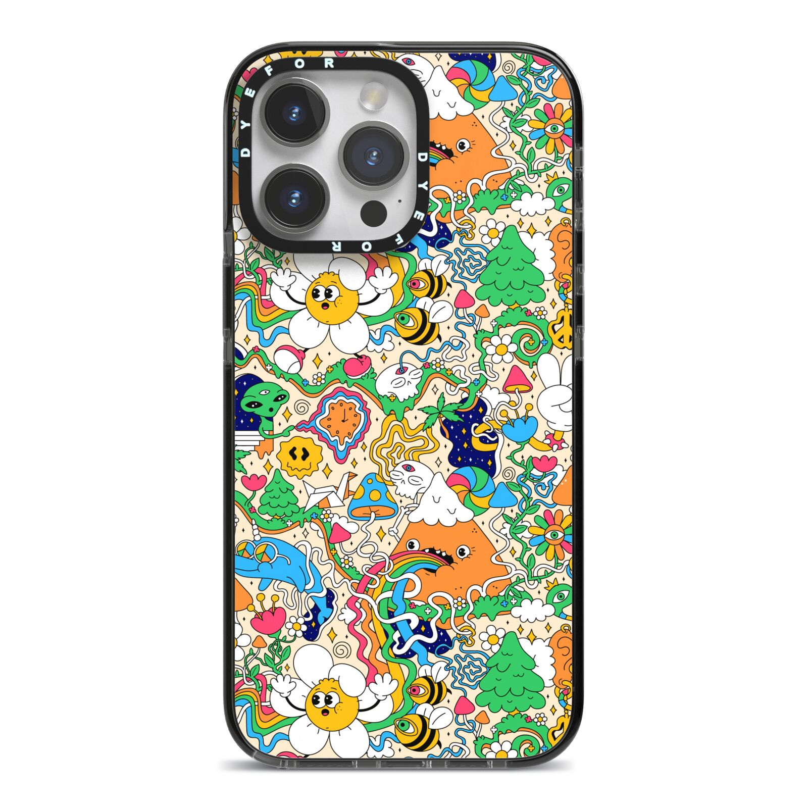 Psychedelic Trippy iPhone 14 Pro Max Black Impact Case on Silver phone