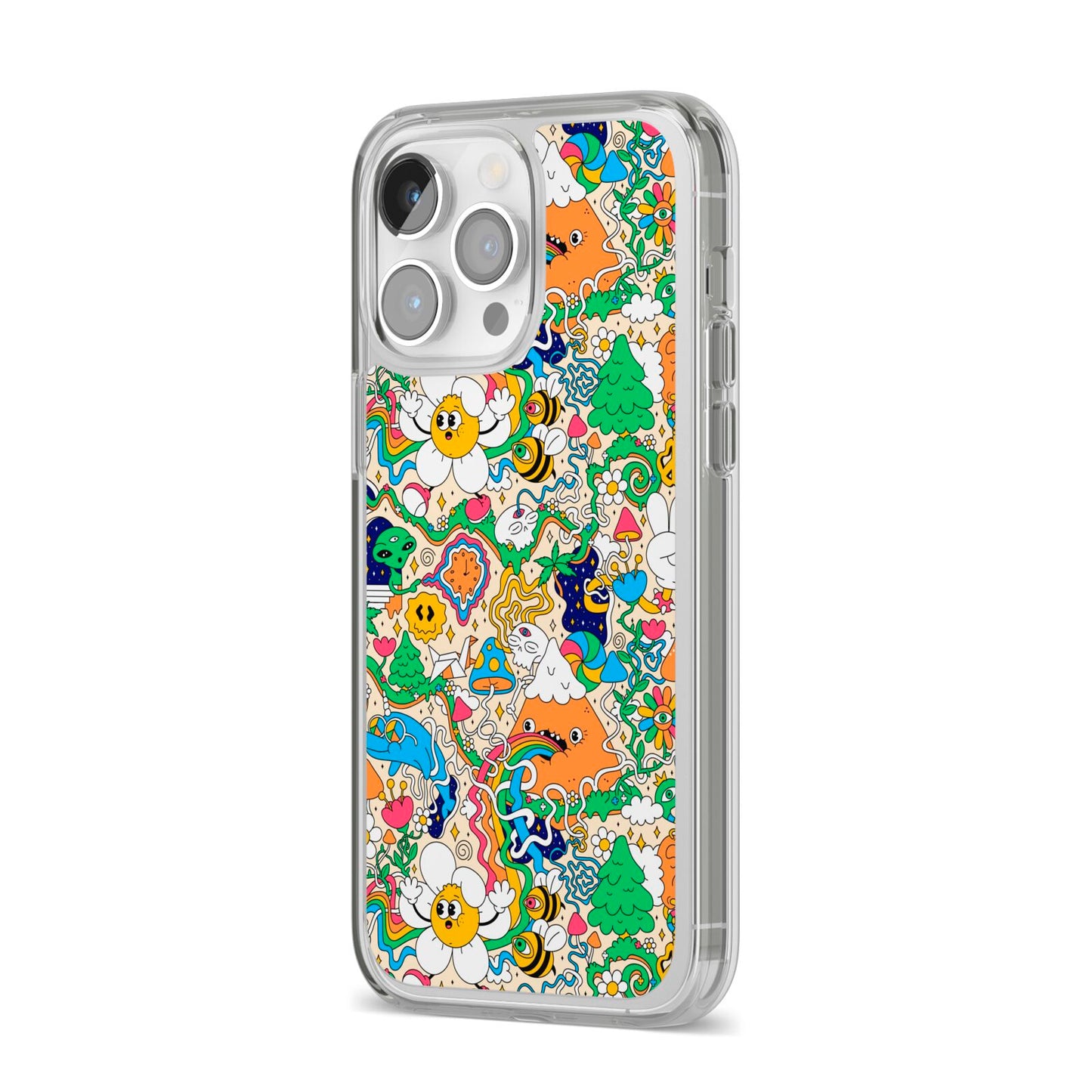 Psychedelic Trippy iPhone 14 Pro Max Clear Tough Case Silver Angled Image