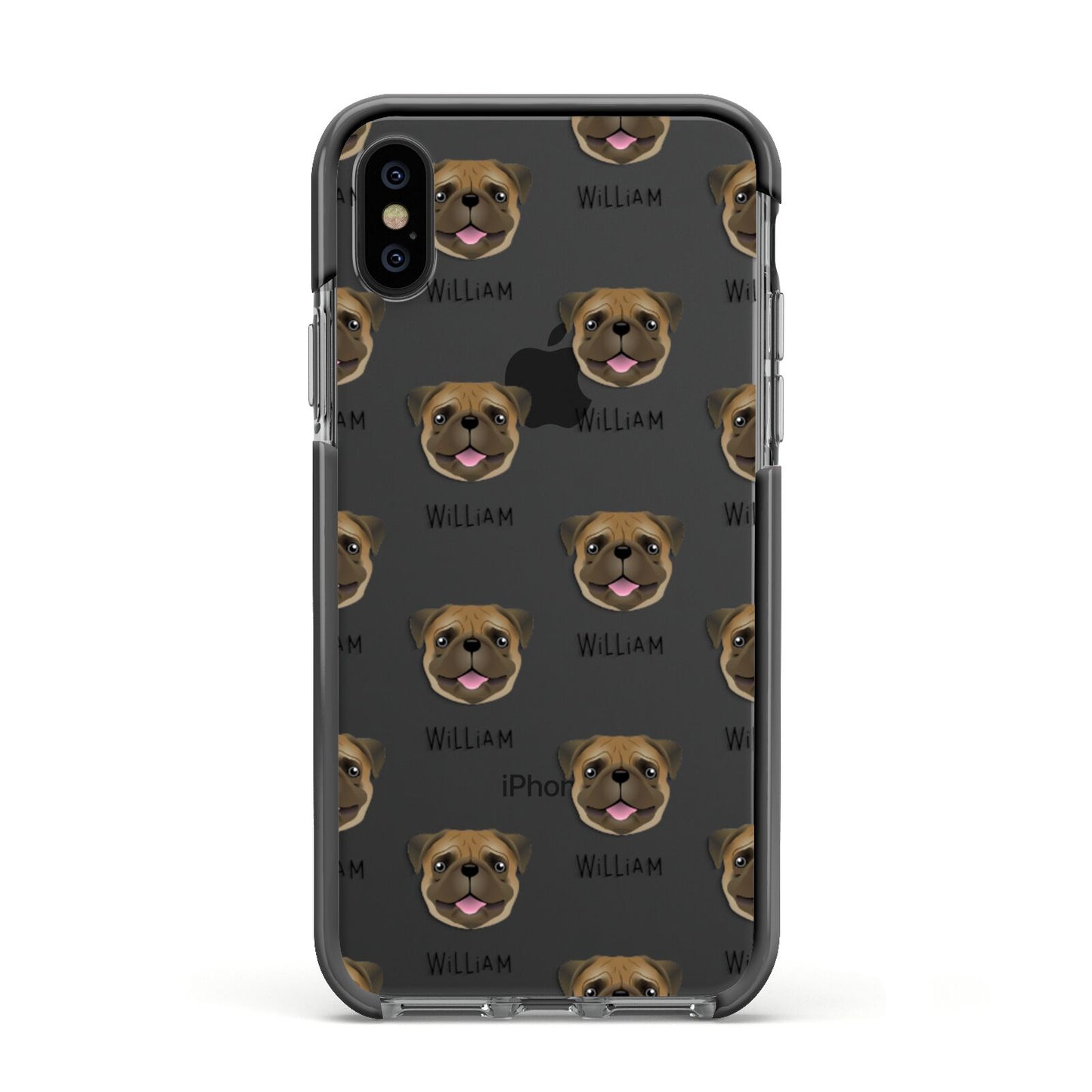 Pug Icon with Name Apple iPhone Xs Impact Case Black Edge on Black Phone