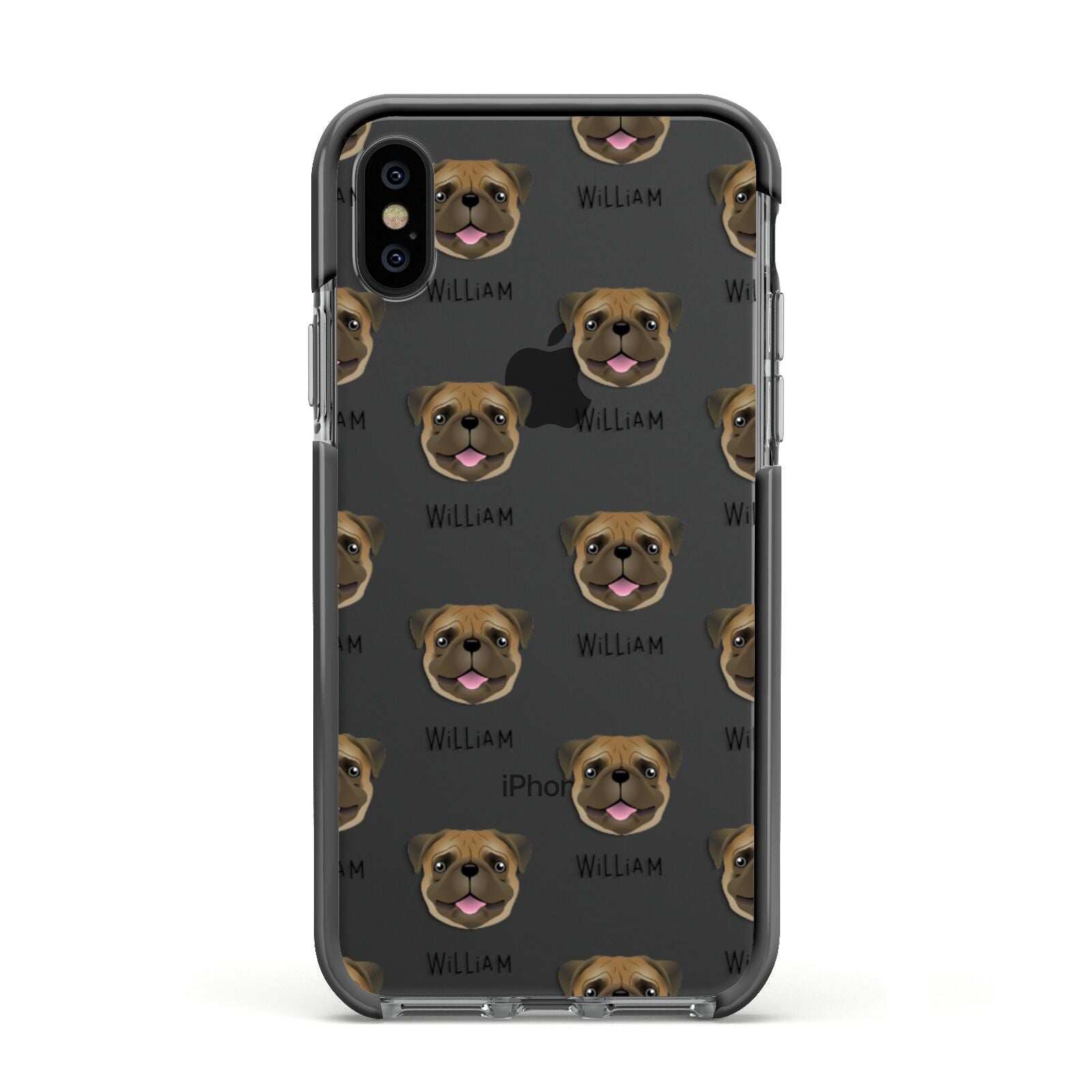 Pug Icon with Name Apple iPhone Xs Impact Case Black Edge on Black Phone