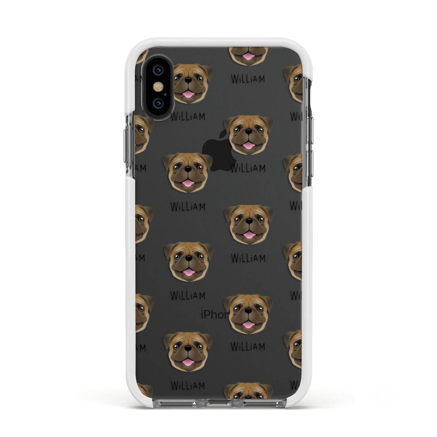 Pug Icon with Name Apple iPhone Xs Impact Case White Edge on Black Phone