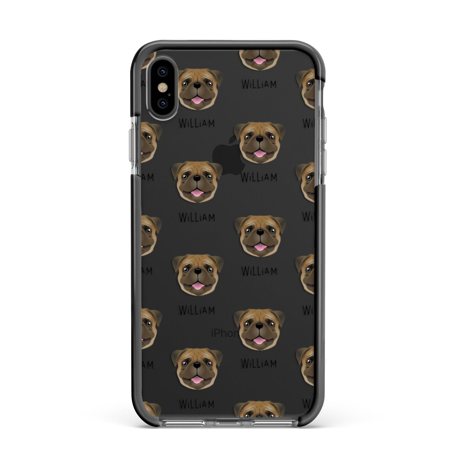 Pug Icon with Name Apple iPhone Xs Max Impact Case Black Edge on Black Phone