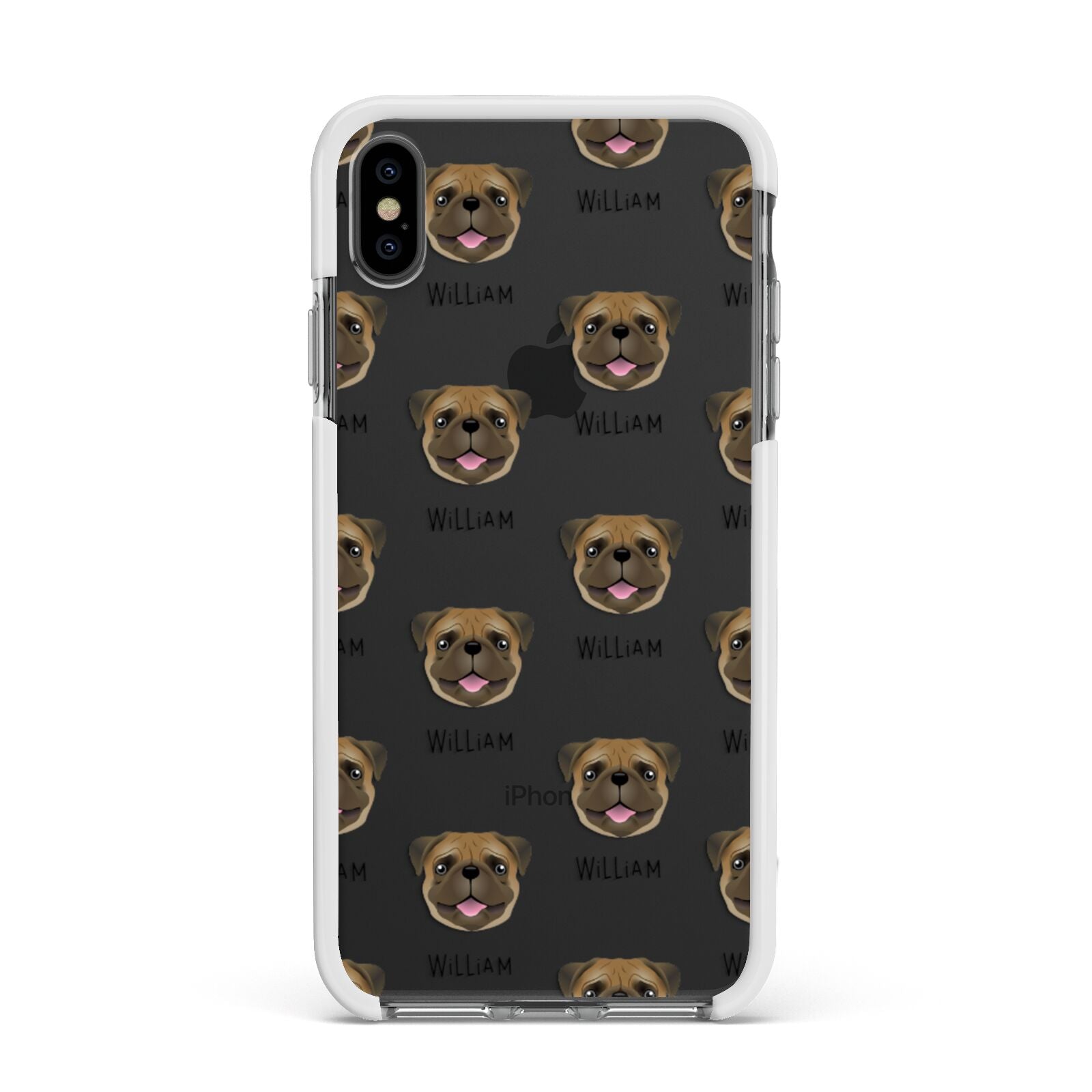 Pug Icon with Name Apple iPhone Xs Max Impact Case White Edge on Black Phone