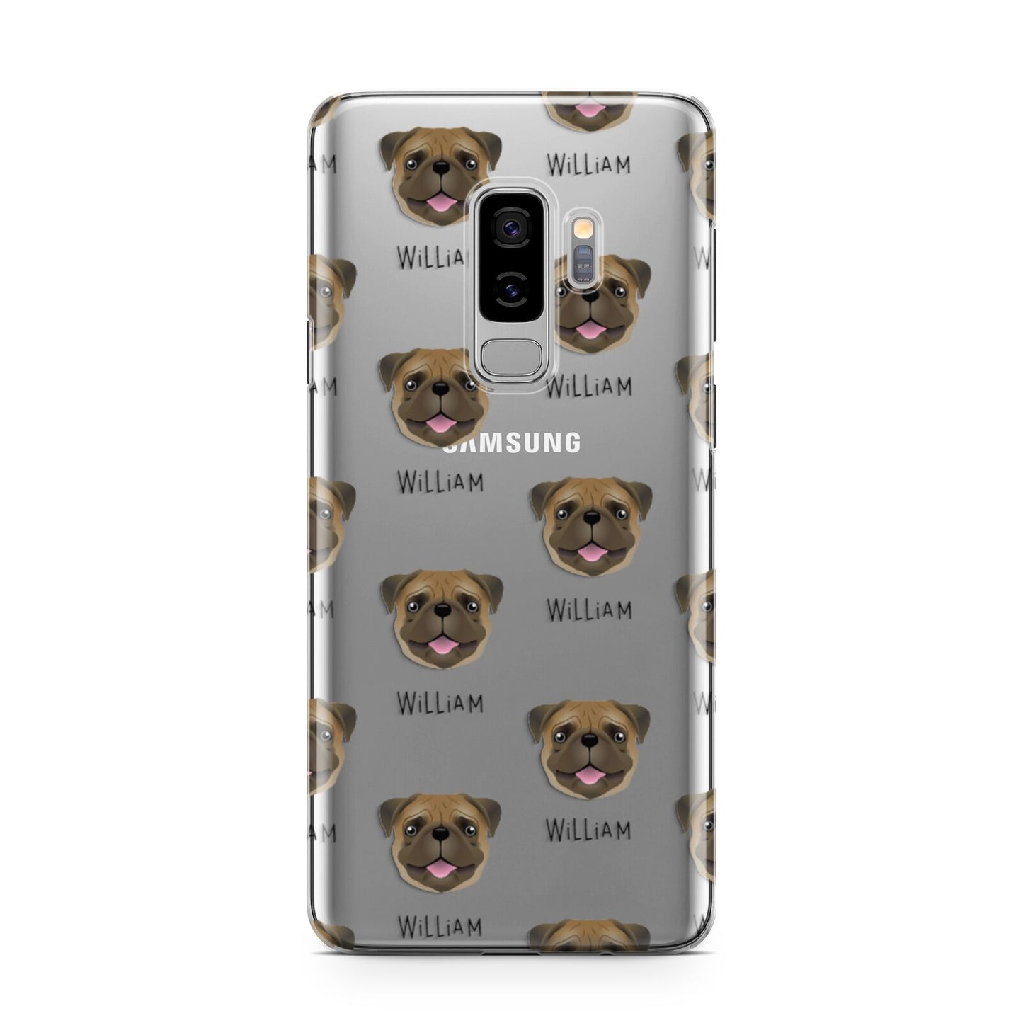 Pug Icon with Name Samsung Galaxy S9 Plus Case on Silver phone