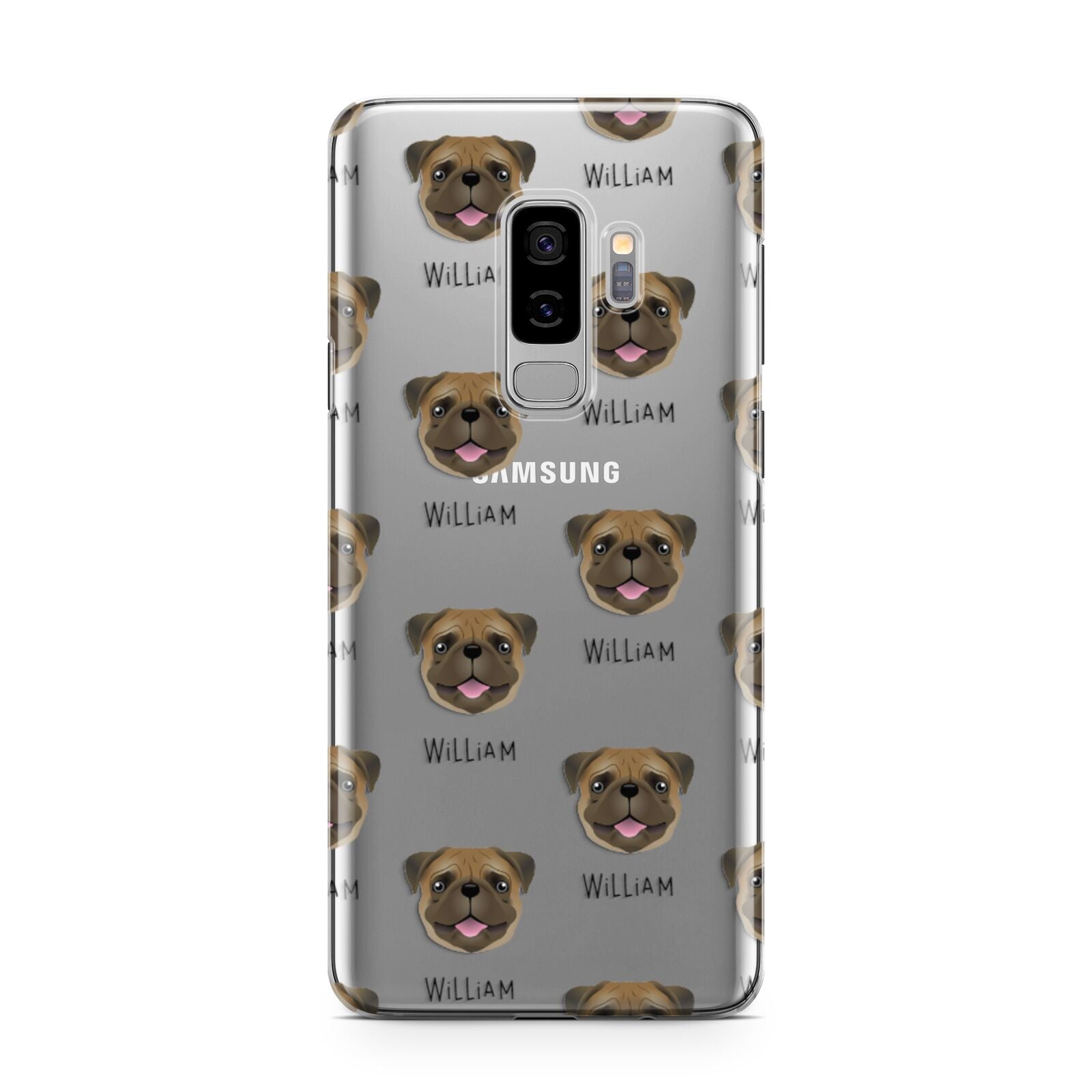 Pug Icon with Name Samsung Galaxy S9 Plus Case on Silver phone