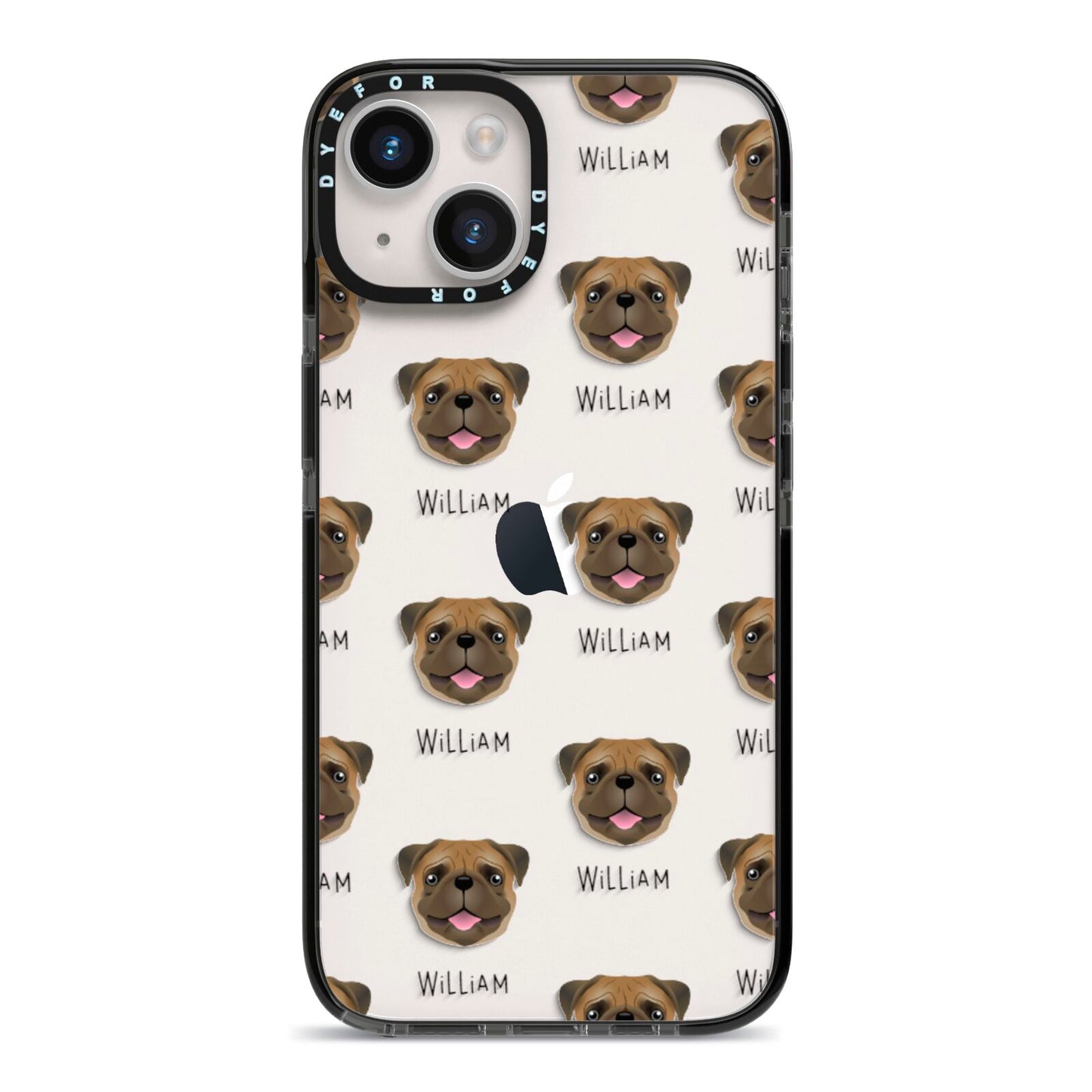 Pug Icon with Name iPhone 14 Black Impact Case on Silver phone