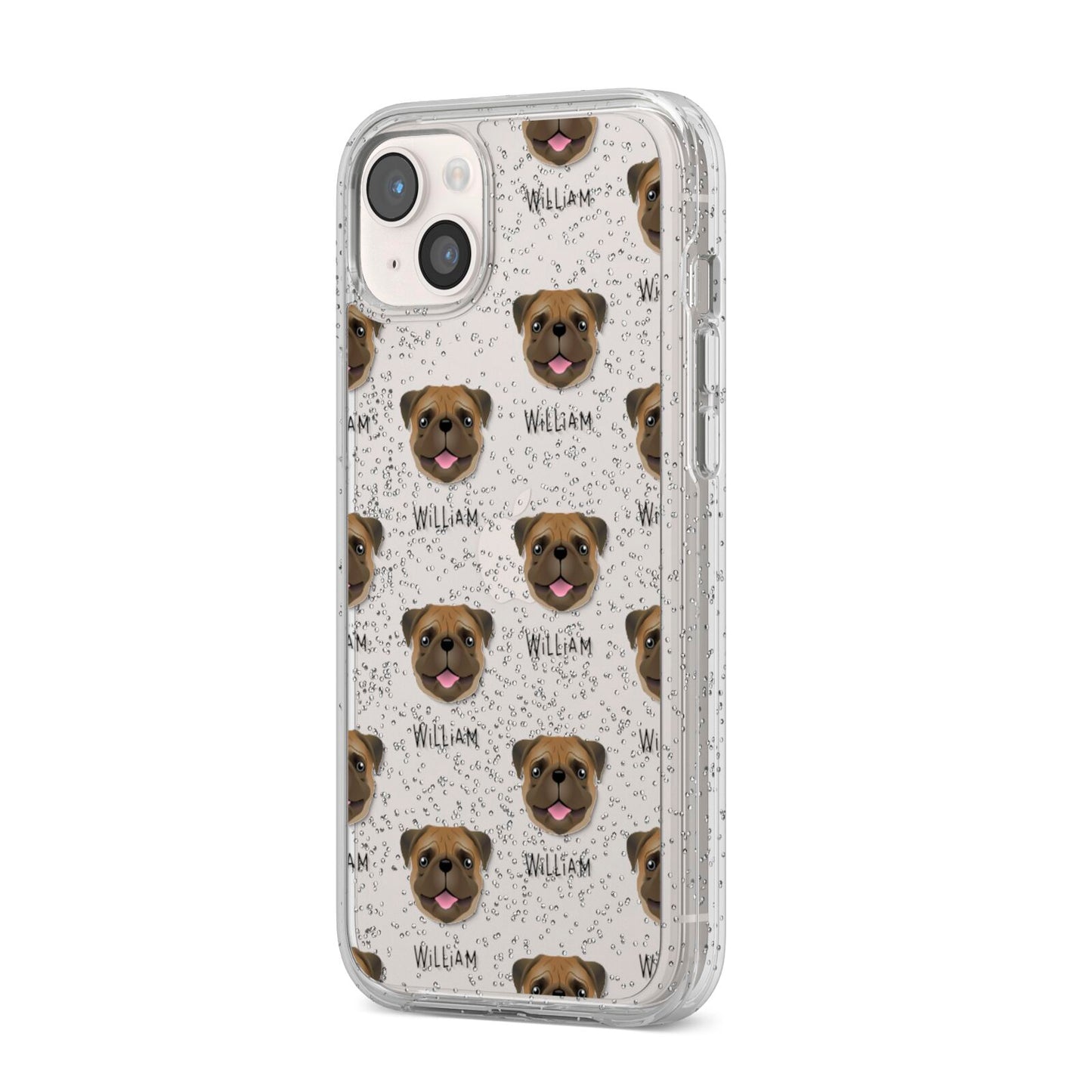 Pug Icon with Name iPhone 14 Plus Glitter Tough Case Starlight Angled Image