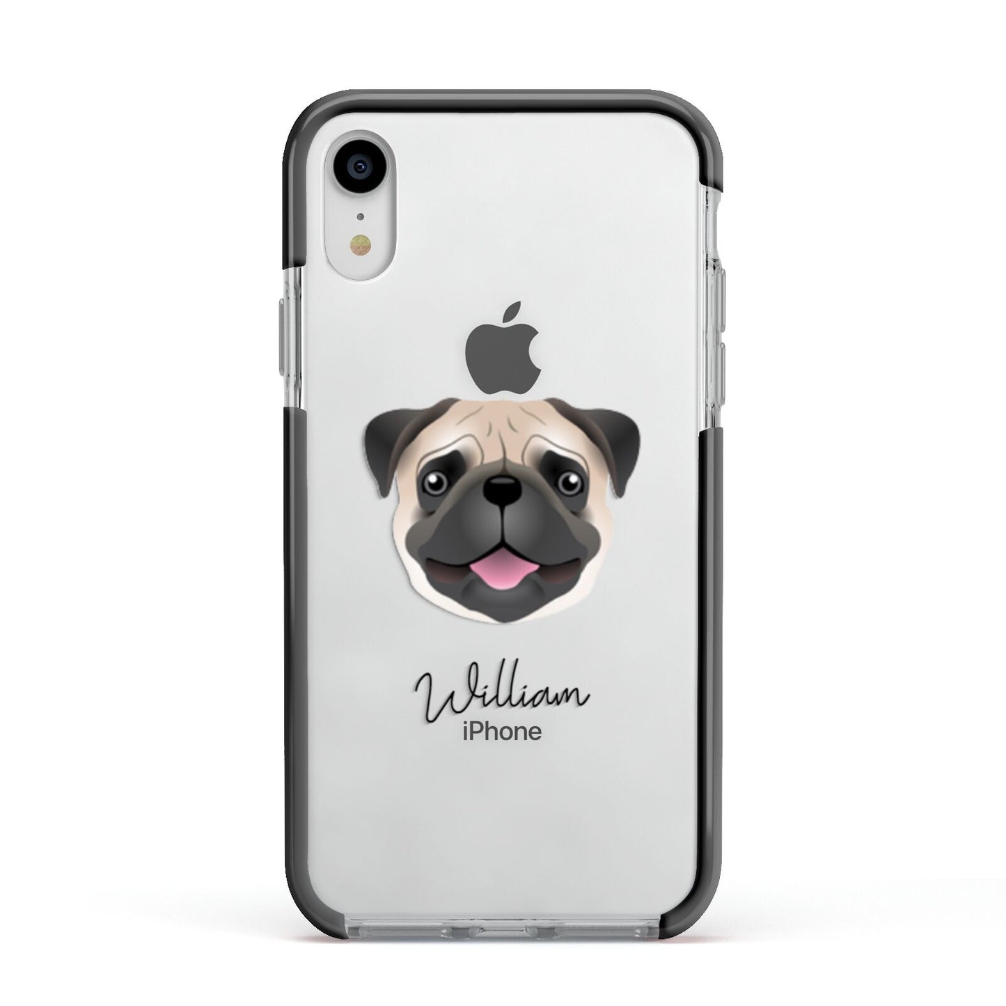 Pug Personalised Apple iPhone XR Impact Case Black Edge on Silver Phone