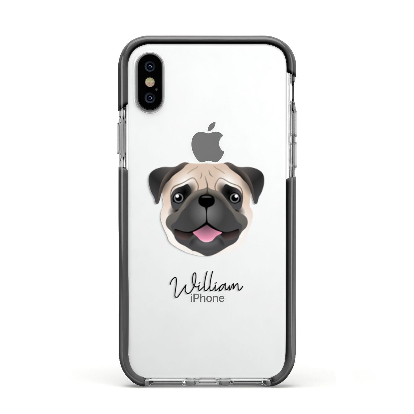 Pug Personalised Apple iPhone Xs Impact Case Black Edge on Silver Phone