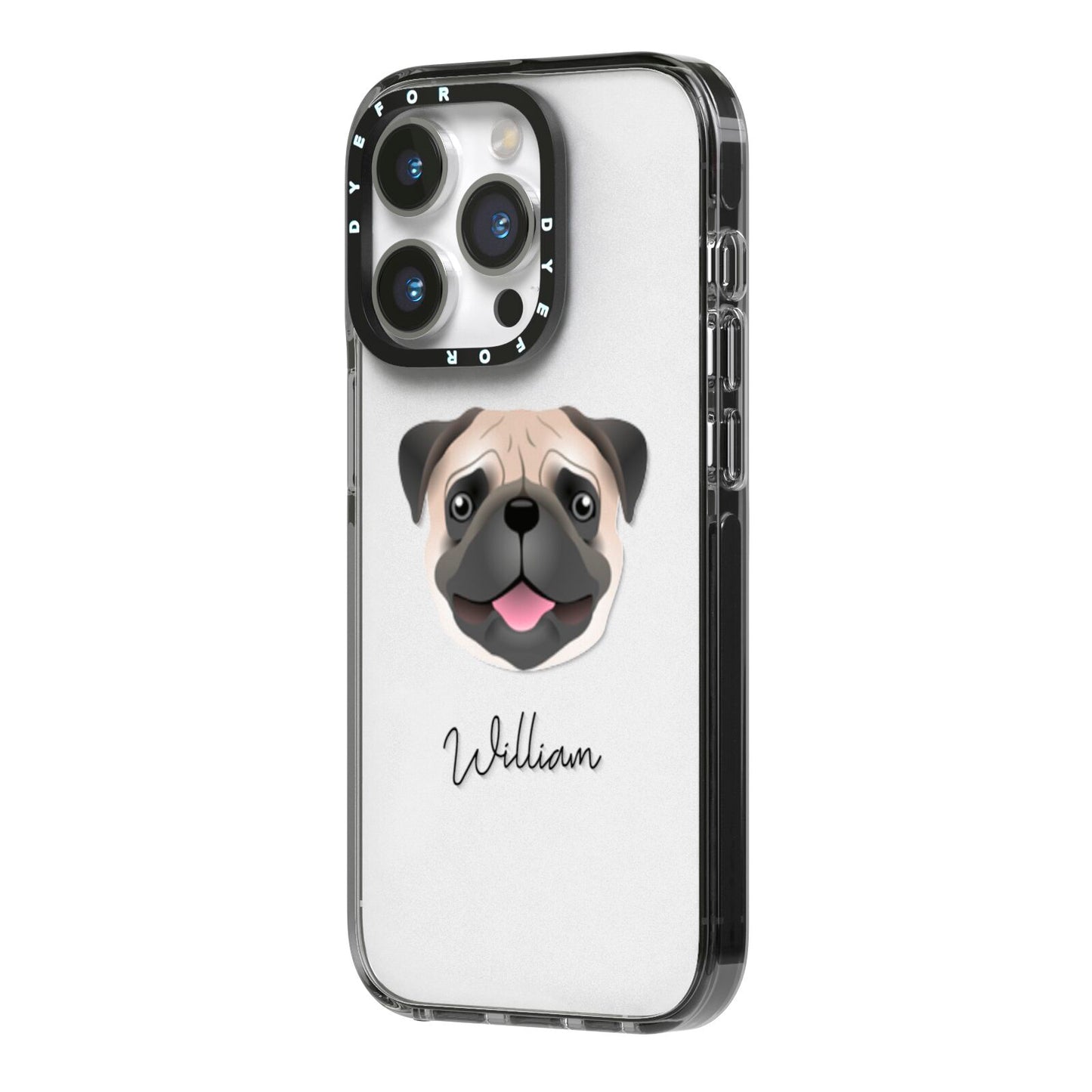 Pug Personalised iPhone 14 Pro Black Impact Case Side Angle on Silver phone