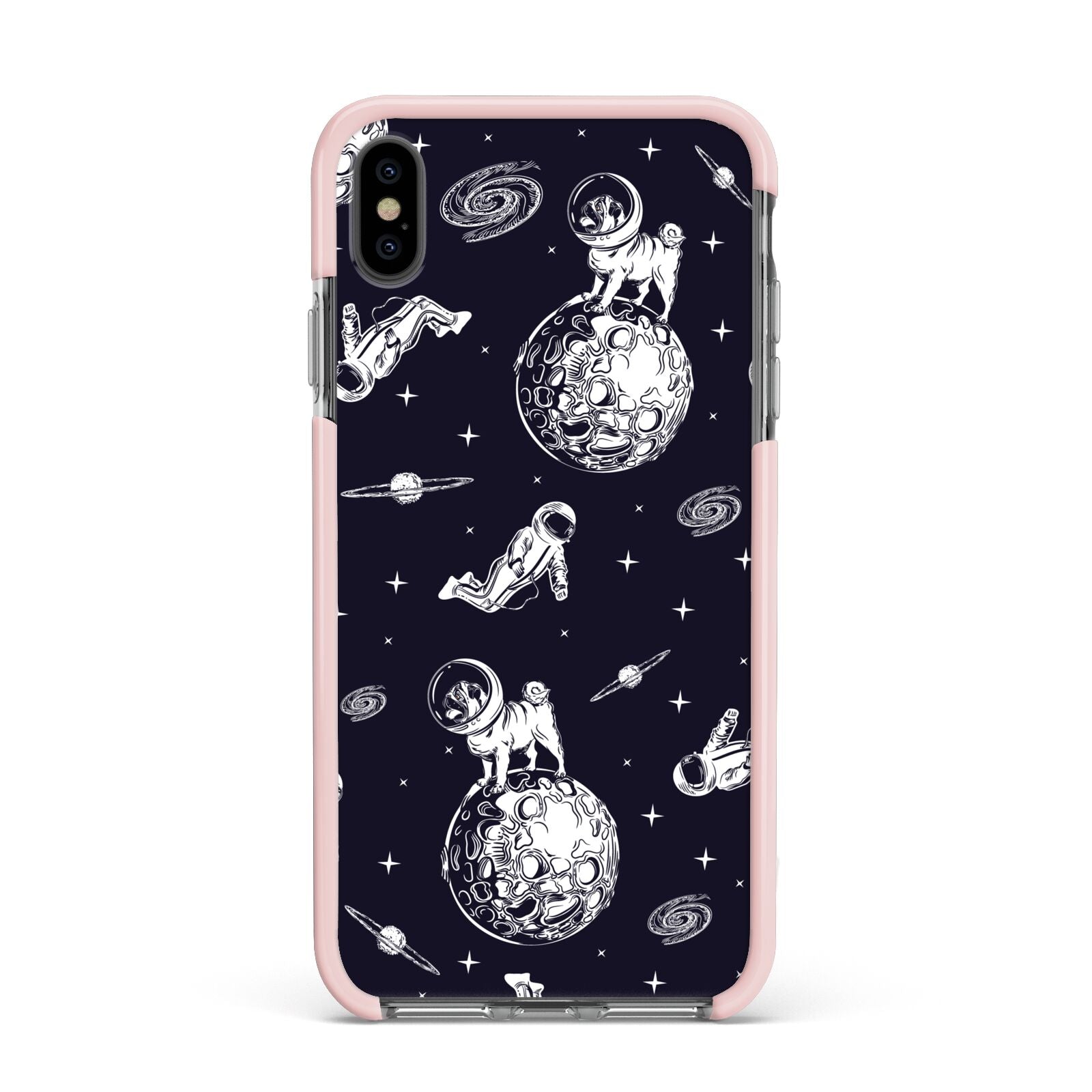 Pug in Space Apple iPhone Xs Max Impact Case Pink Edge on Black Phone