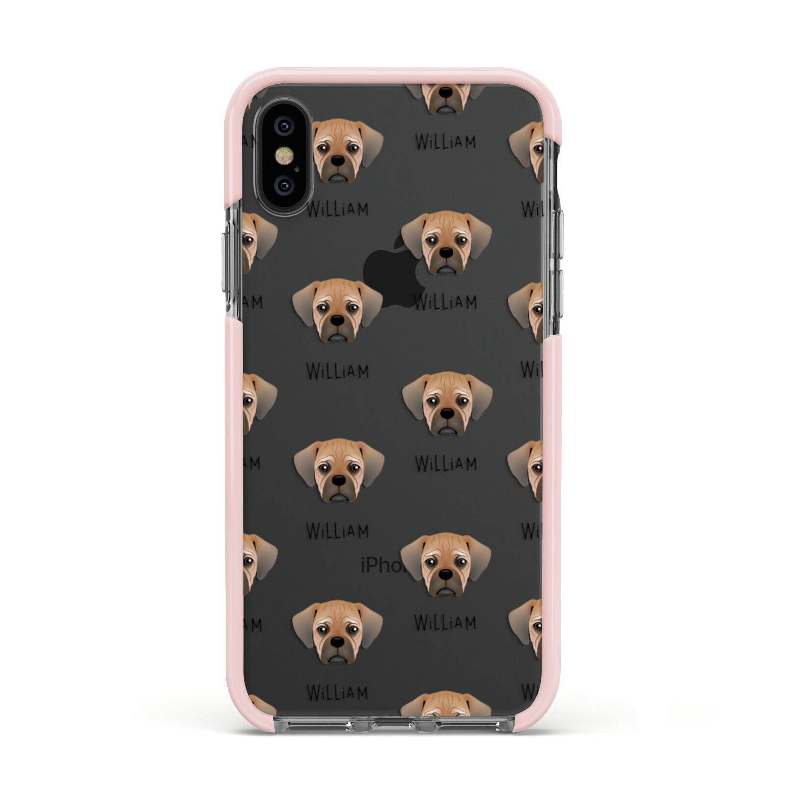 Pugalier Icon with Name Apple iPhone Xs Impact Case Pink Edge on Black Phone