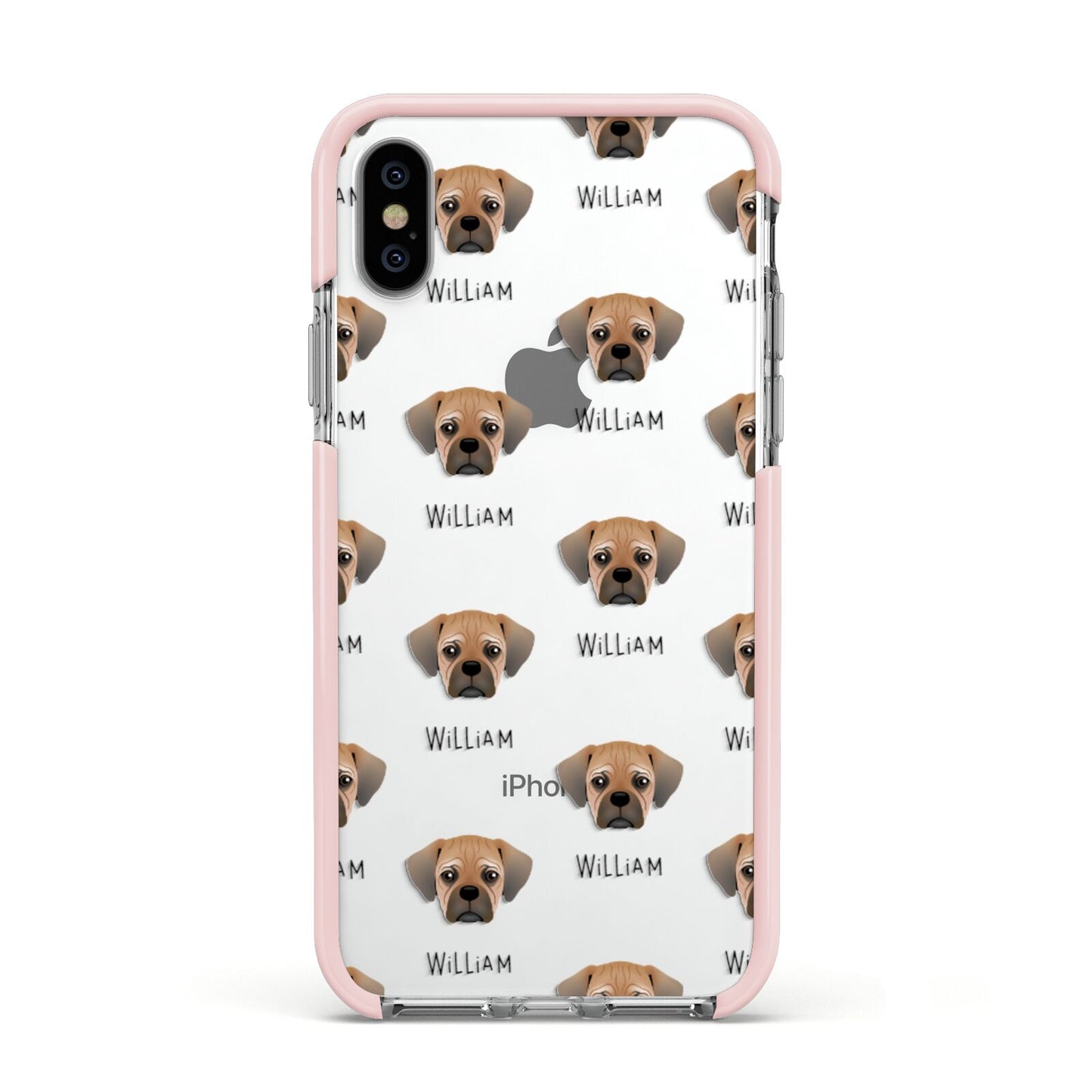 Pugalier Icon with Name Apple iPhone Xs Impact Case Pink Edge on Silver Phone
