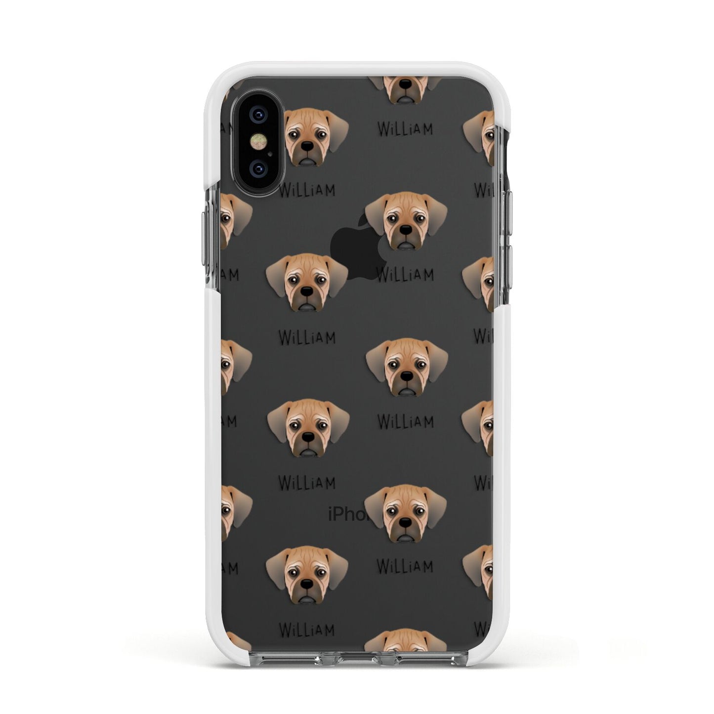 Pugalier Icon with Name Apple iPhone Xs Impact Case White Edge on Black Phone