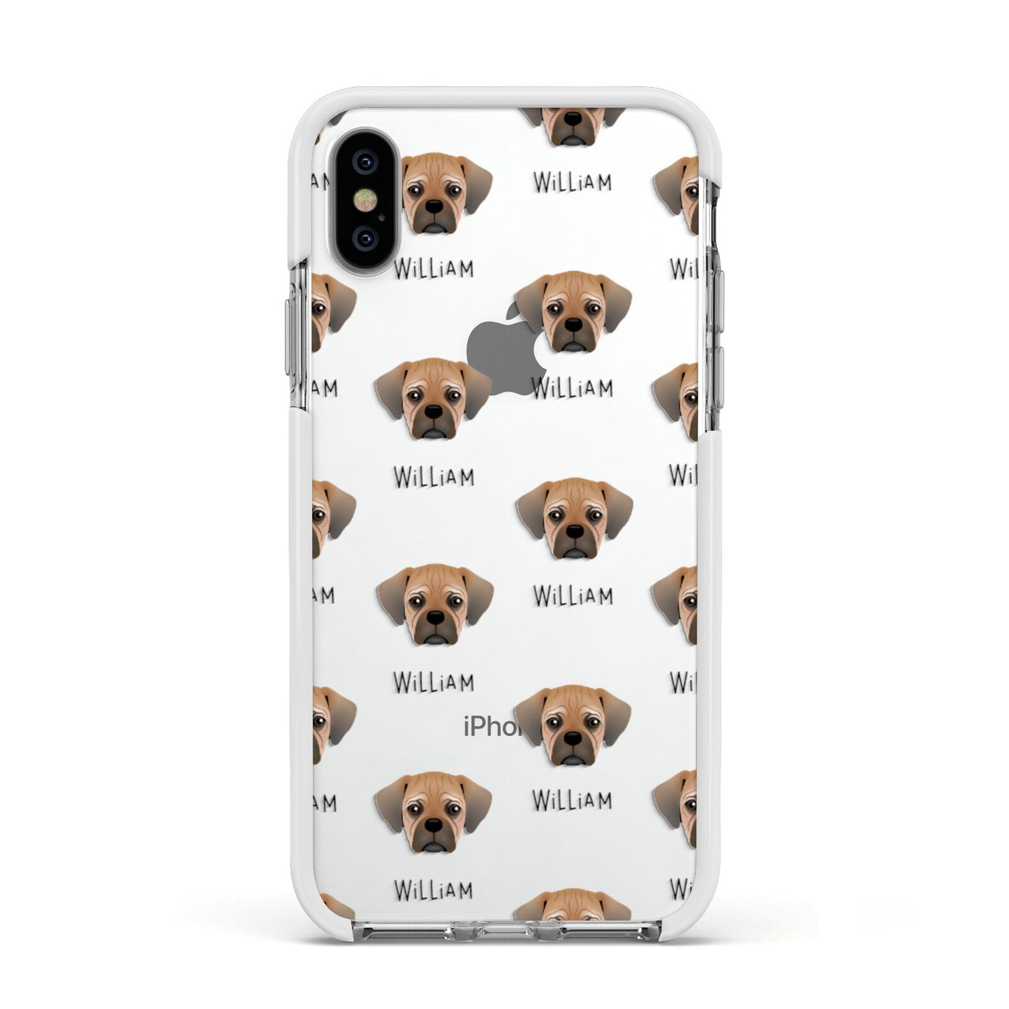 Pugalier Icon with Name Apple iPhone Xs Impact Case White Edge on Silver Phone