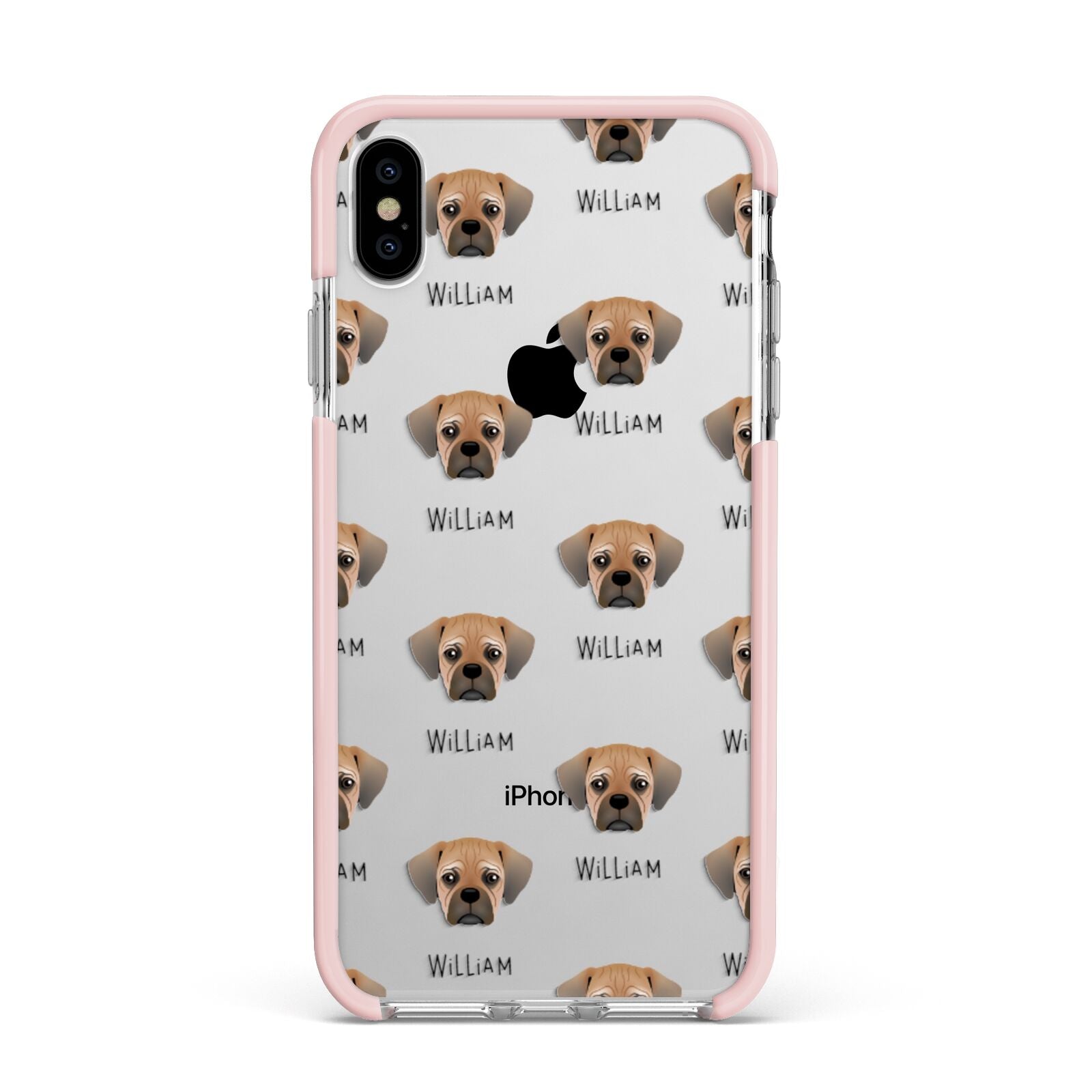 Pugalier Icon with Name Apple iPhone Xs Max Impact Case Pink Edge on Silver Phone