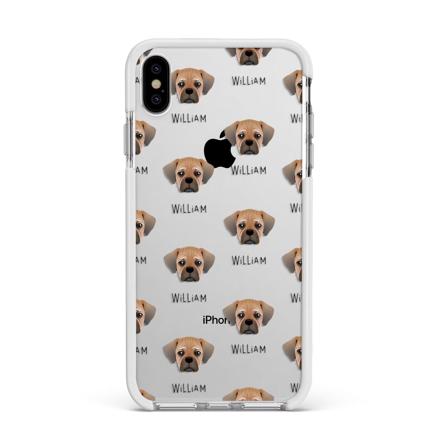 Pugalier Icon with Name Apple iPhone Xs Max Impact Case White Edge on Silver Phone