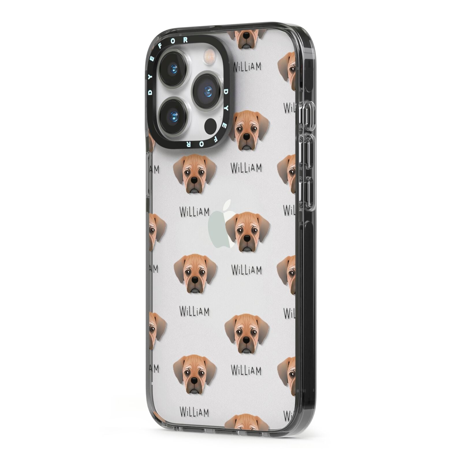 Pugalier Icon with Name iPhone 13 Pro Black Impact Case Side Angle on Silver phone