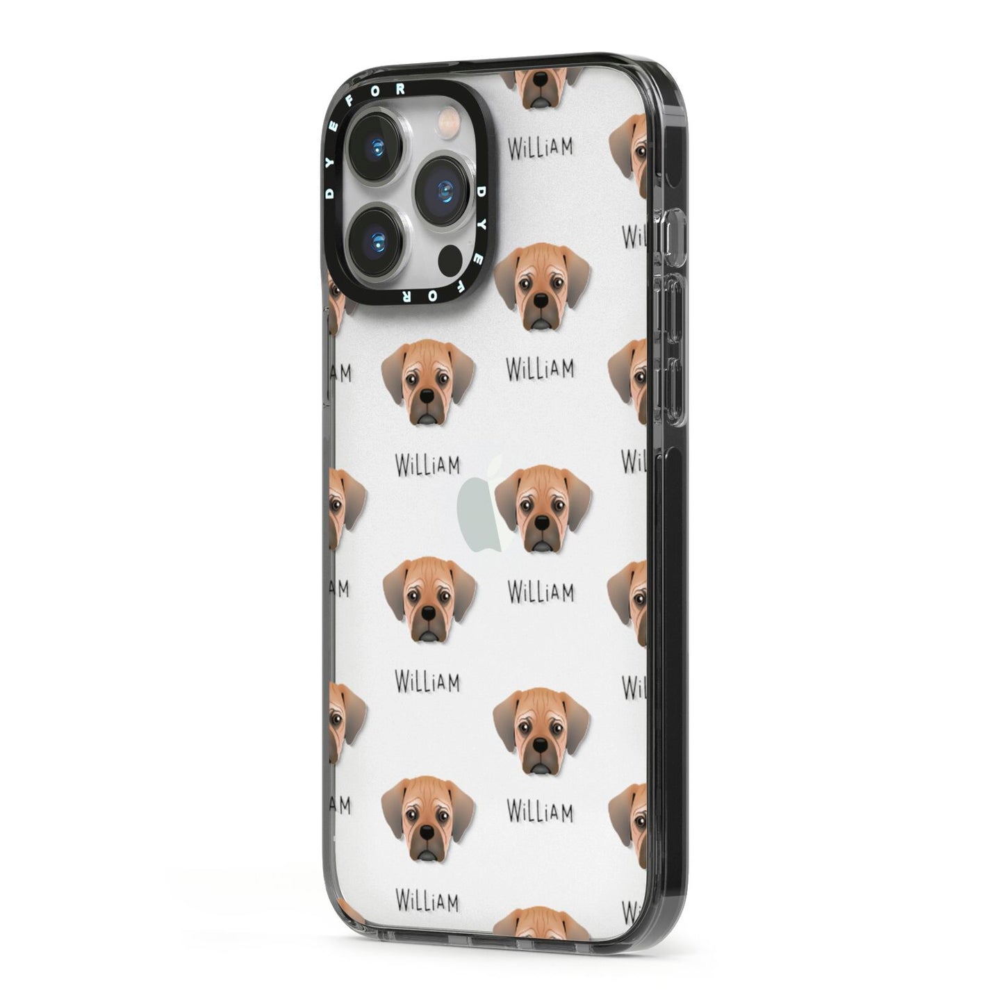 Pugalier Icon with Name iPhone 13 Pro Max Black Impact Case Side Angle on Silver phone