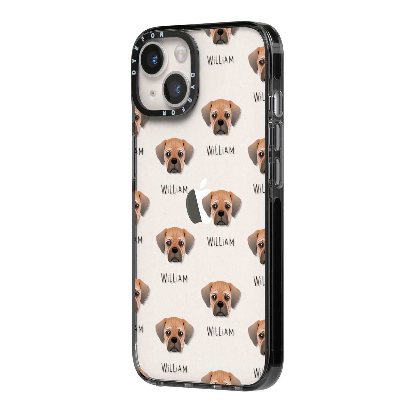 Pugalier Icon with Name iPhone 14 Black Impact Case Side Angle on Silver phone