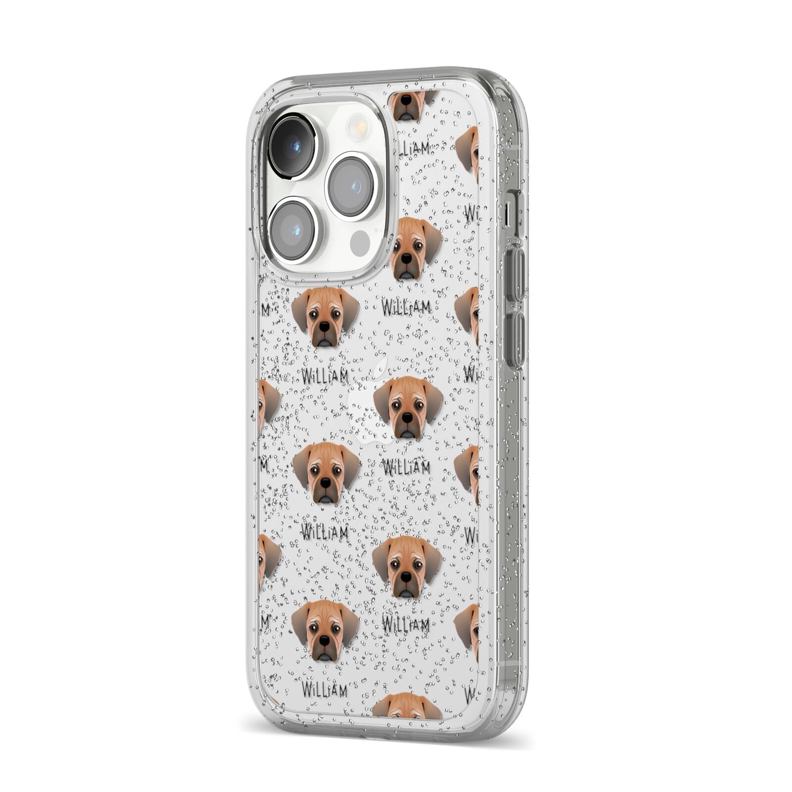 Pugalier Icon with Name iPhone 14 Pro Glitter Tough Case Silver Angled Image
