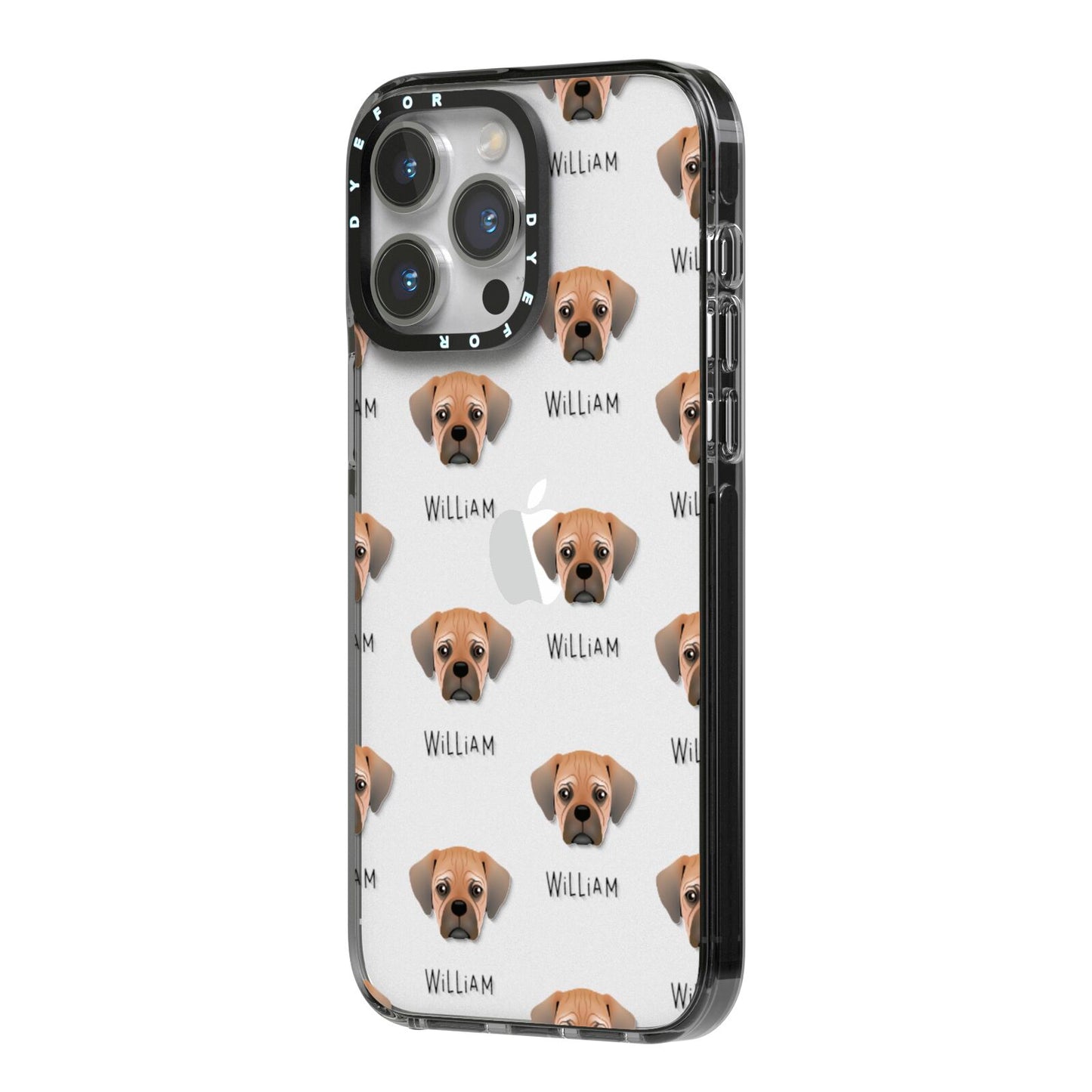 Pugalier Icon with Name iPhone 14 Pro Max Black Impact Case Side Angle on Silver phone