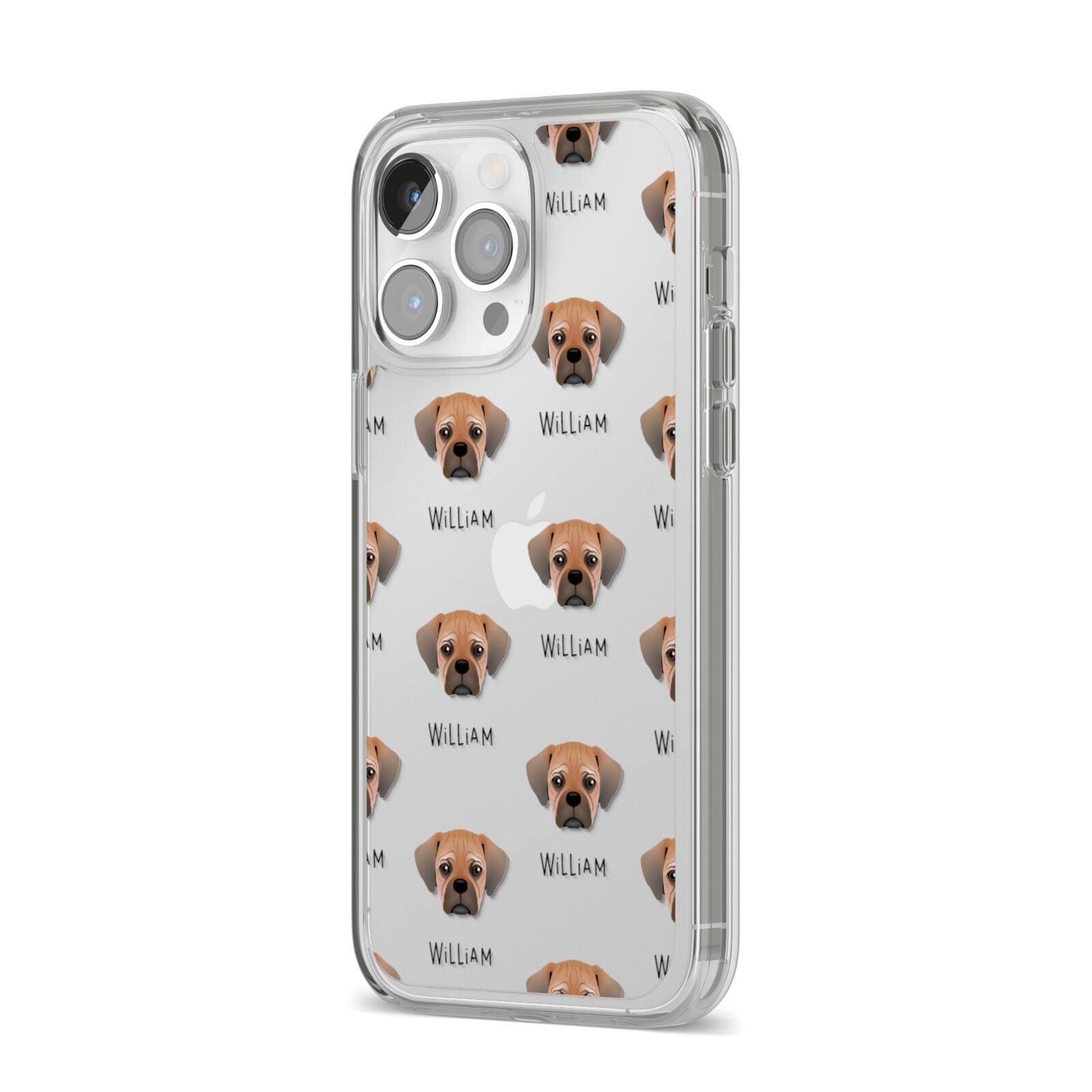Pugalier Icon with Name iPhone 14 Pro Max Clear Tough Case Silver Angled Image