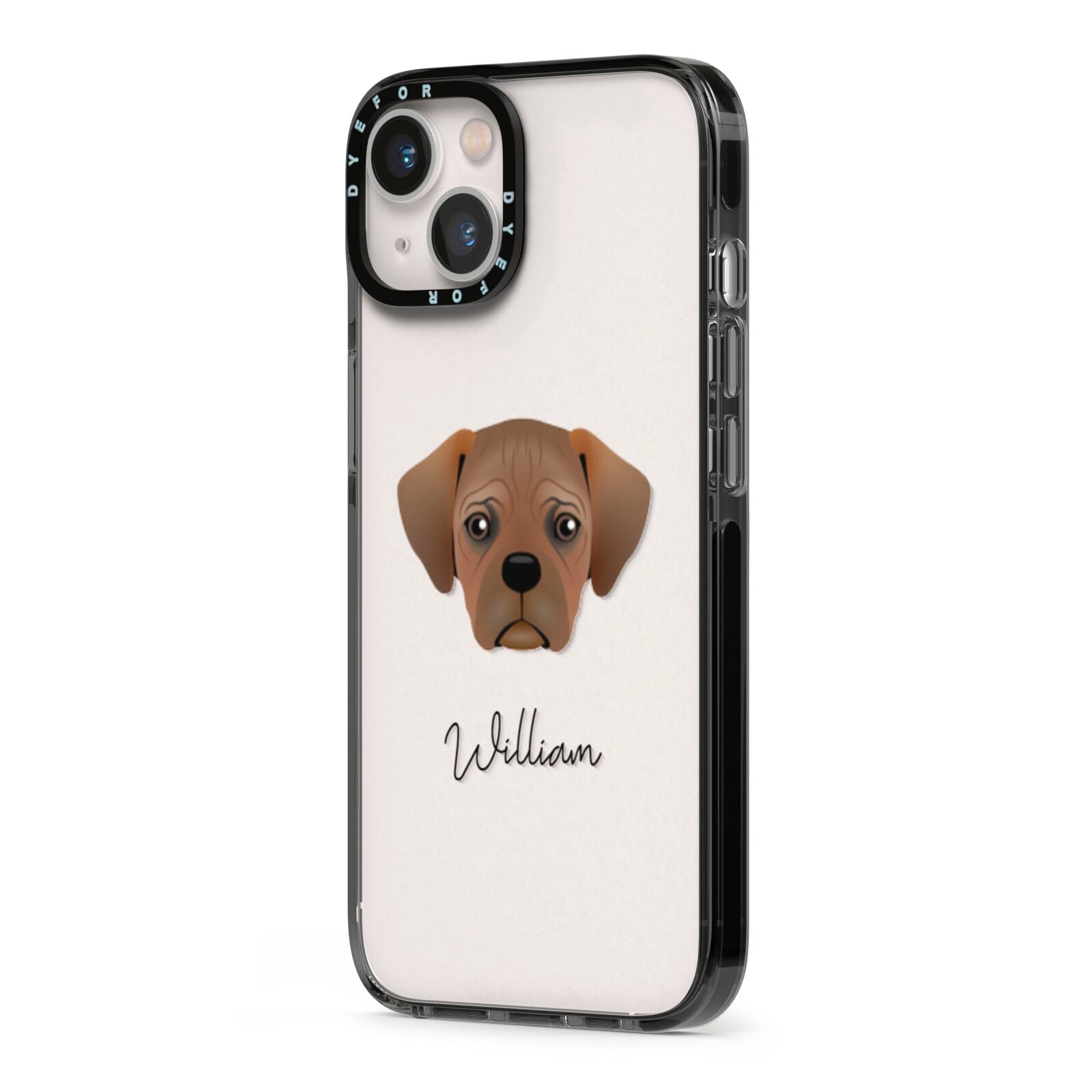 Pugalier Personalised iPhone 13 Black Impact Case Side Angle on Silver phone