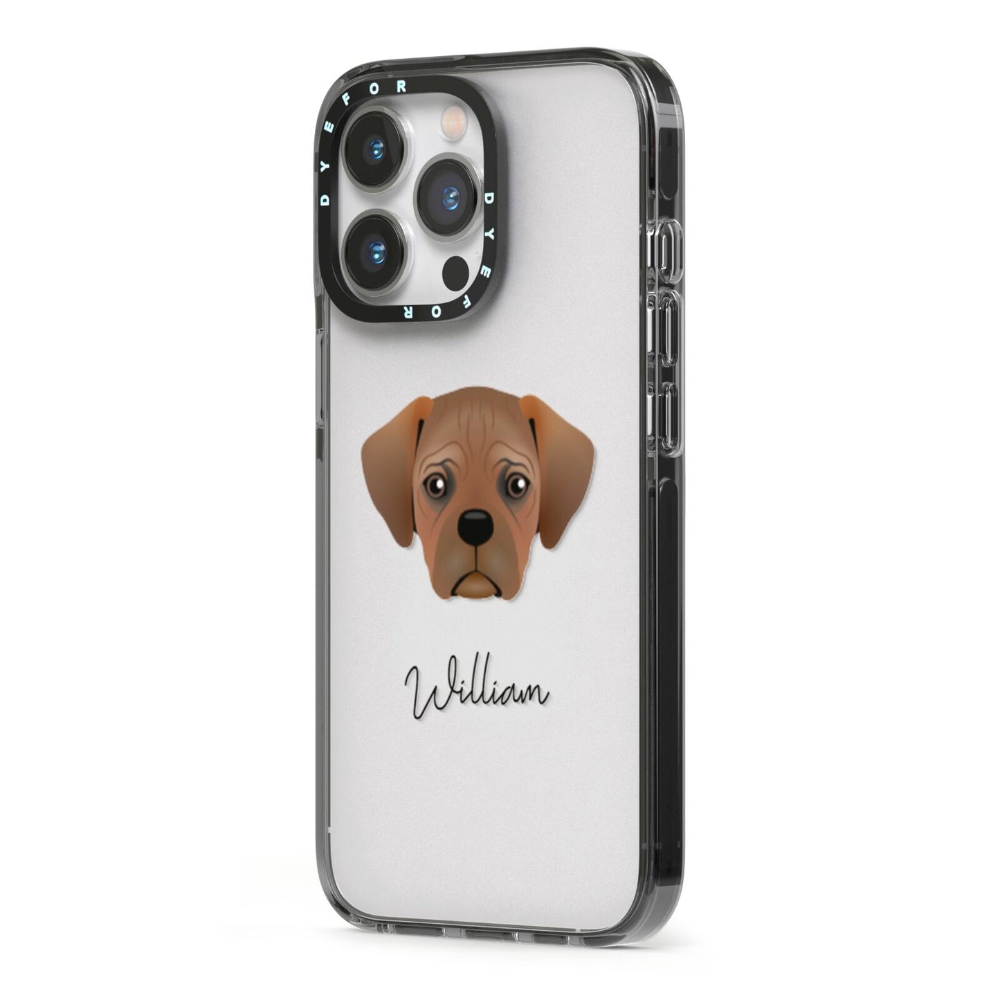 Pugalier Personalised iPhone 13 Pro Black Impact Case Side Angle on Silver phone