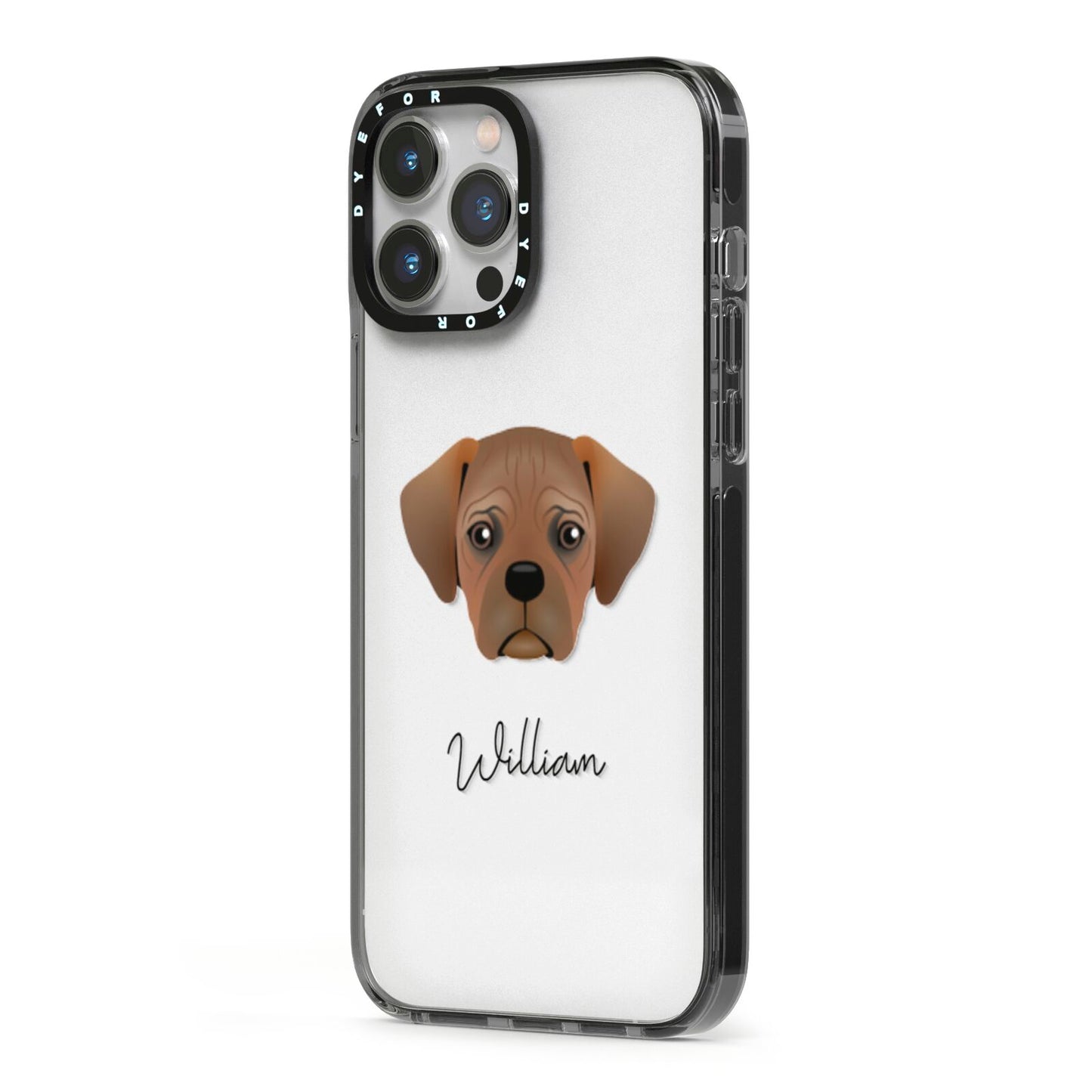 Pugalier Personalised iPhone 13 Pro Max Black Impact Case Side Angle on Silver phone