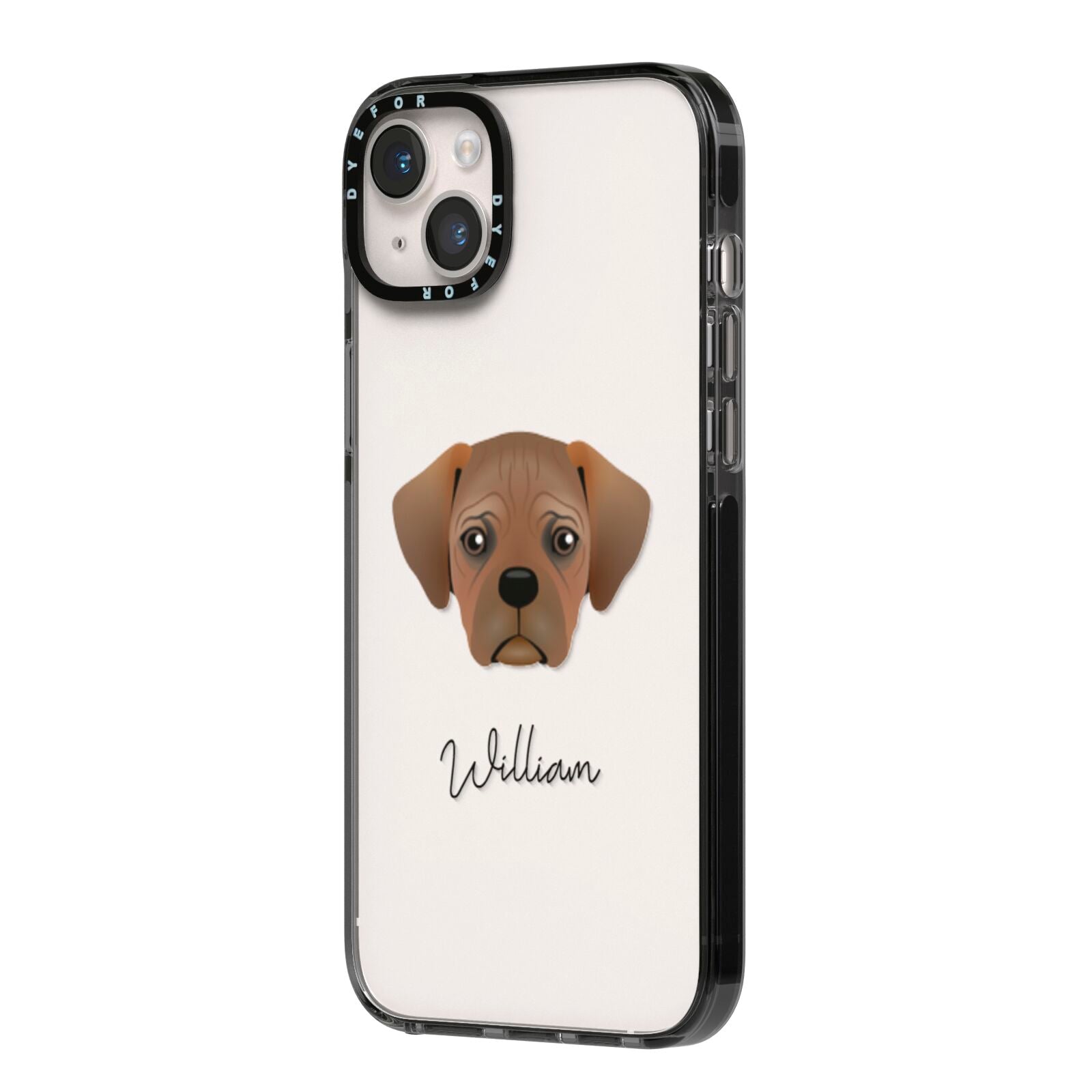 Pugalier Personalised iPhone 14 Plus Black Impact Case Side Angle on Silver phone