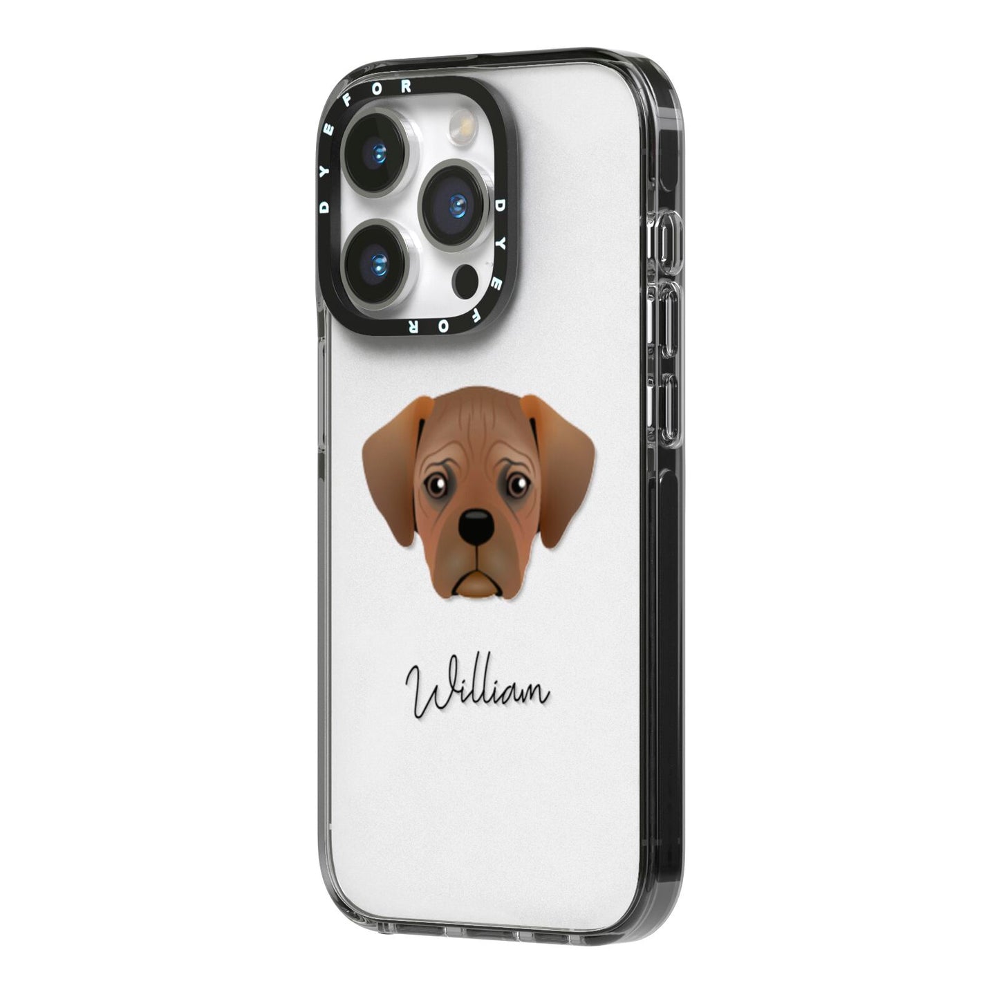 Pugalier Personalised iPhone 14 Pro Black Impact Case Side Angle on Silver phone