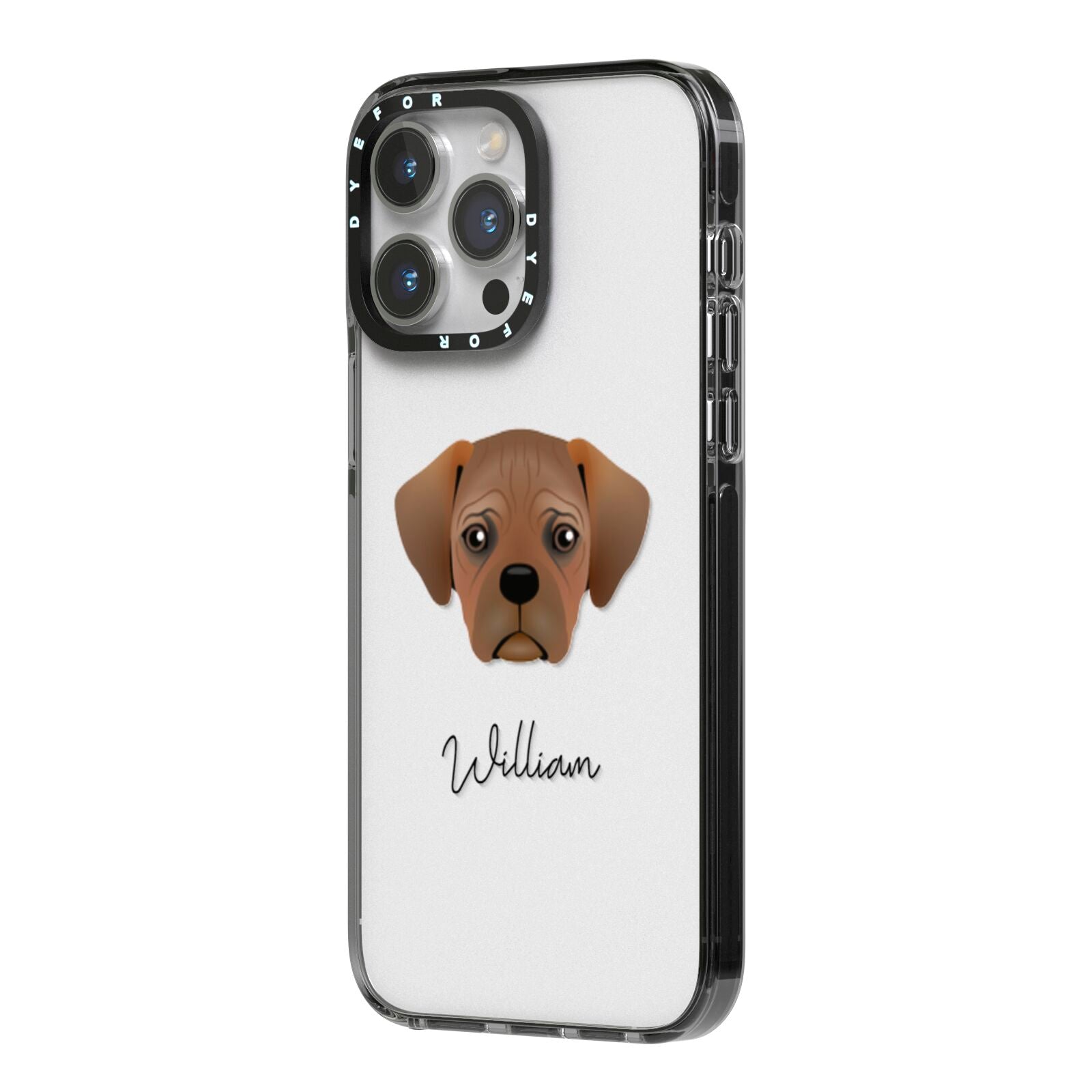 Pugalier Personalised iPhone 14 Pro Max Black Impact Case Side Angle on Silver phone