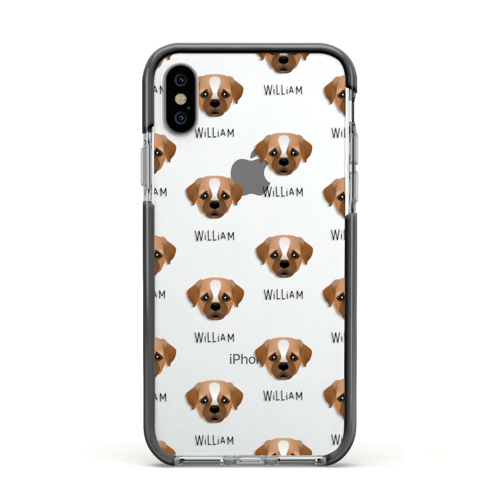 Pugapoo Icon with Name Apple iPhone Xs Impact Case Black Edge on Silver Phone